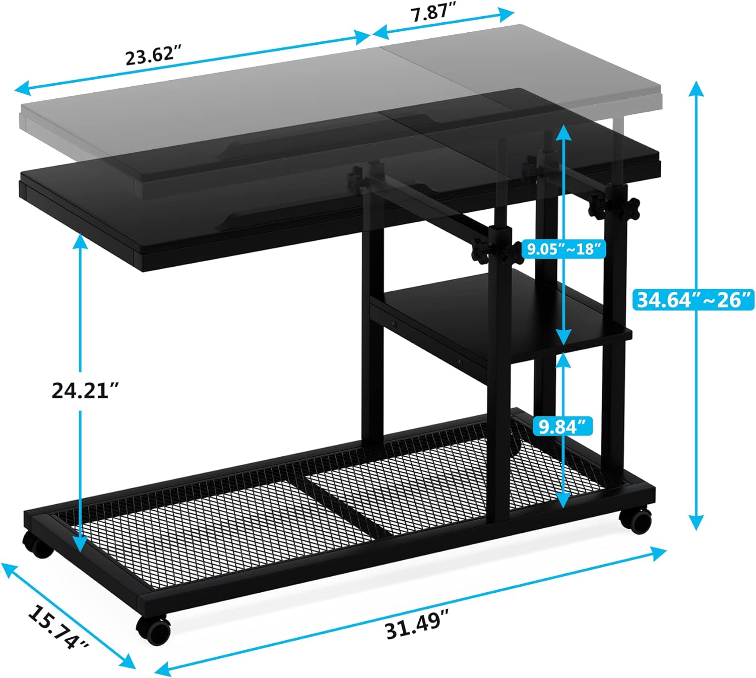 Height Adjustable C Side Table with Rolling Wheels