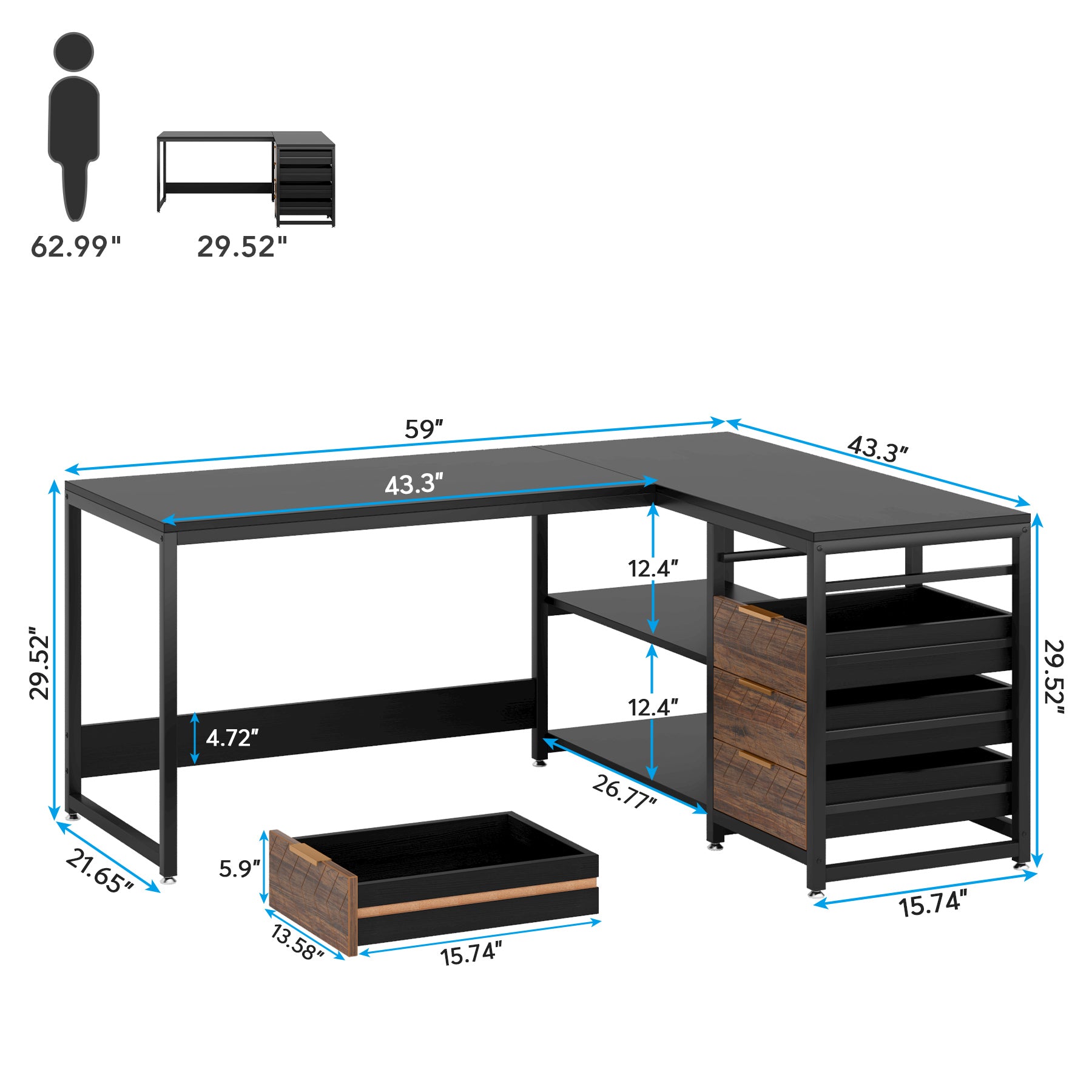 59" Reversible L-Shaped Desk with Drawers