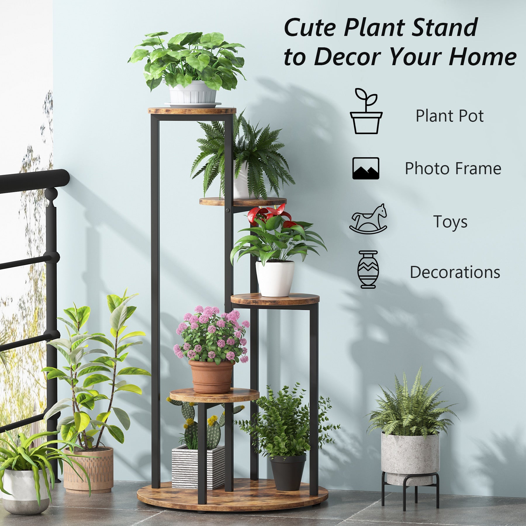 corner plant pot stand LITTLE TREE 5-Tier Corner Plant Stand, Free Standing Wood Metal Flower Rack Pot Shelf Display with Round Board, Garden Patio Balcony Plant Holder