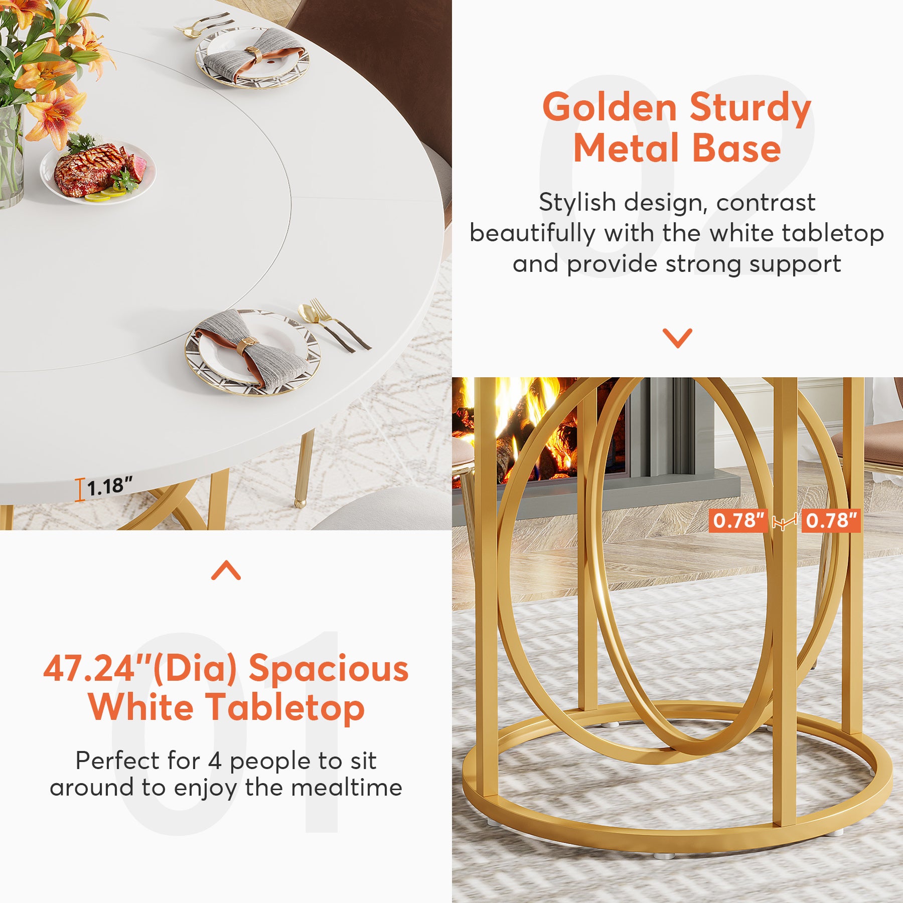 47" Round Dining Table with Metal Base for 4