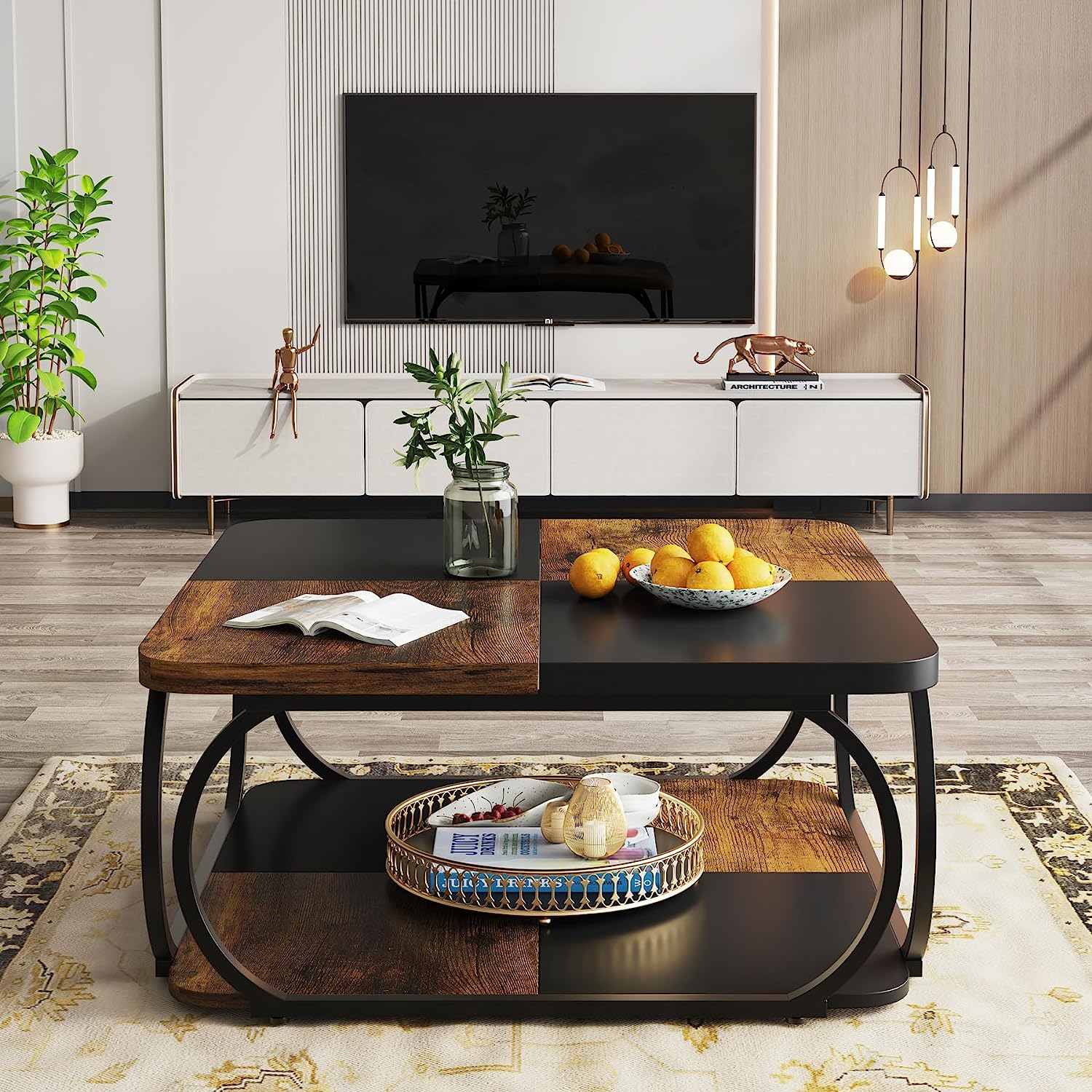 Square Coffee Table, 39" Central Cocktail Table with 2-Tier Shelves Tribesigns