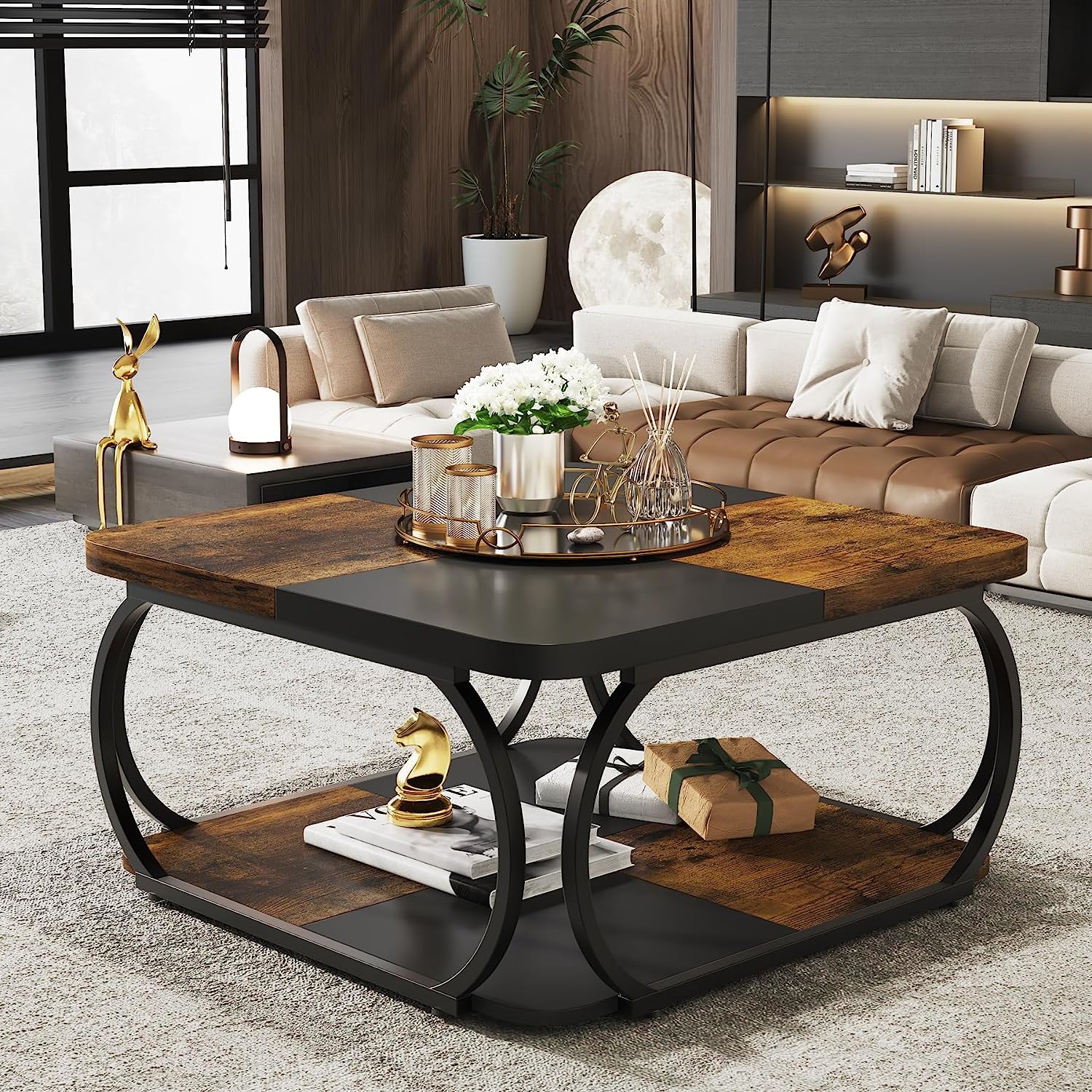 Square Coffee Table, 39" Central Cocktail Table with 2-Tier Shelves Tribesigns