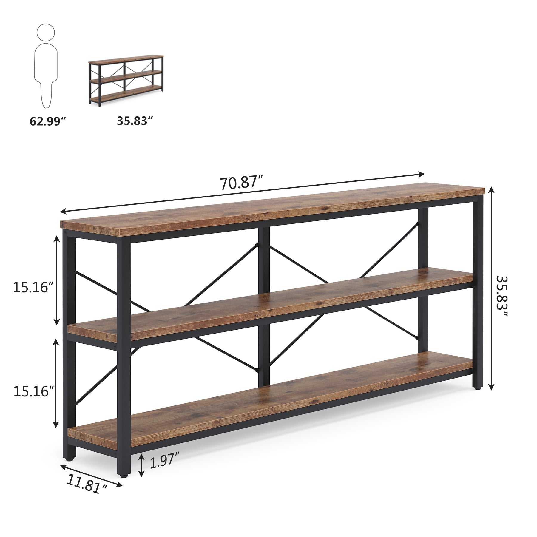 70.9" Console Table, 3-Tier Sofa Table with Metal Frame Tribesigns