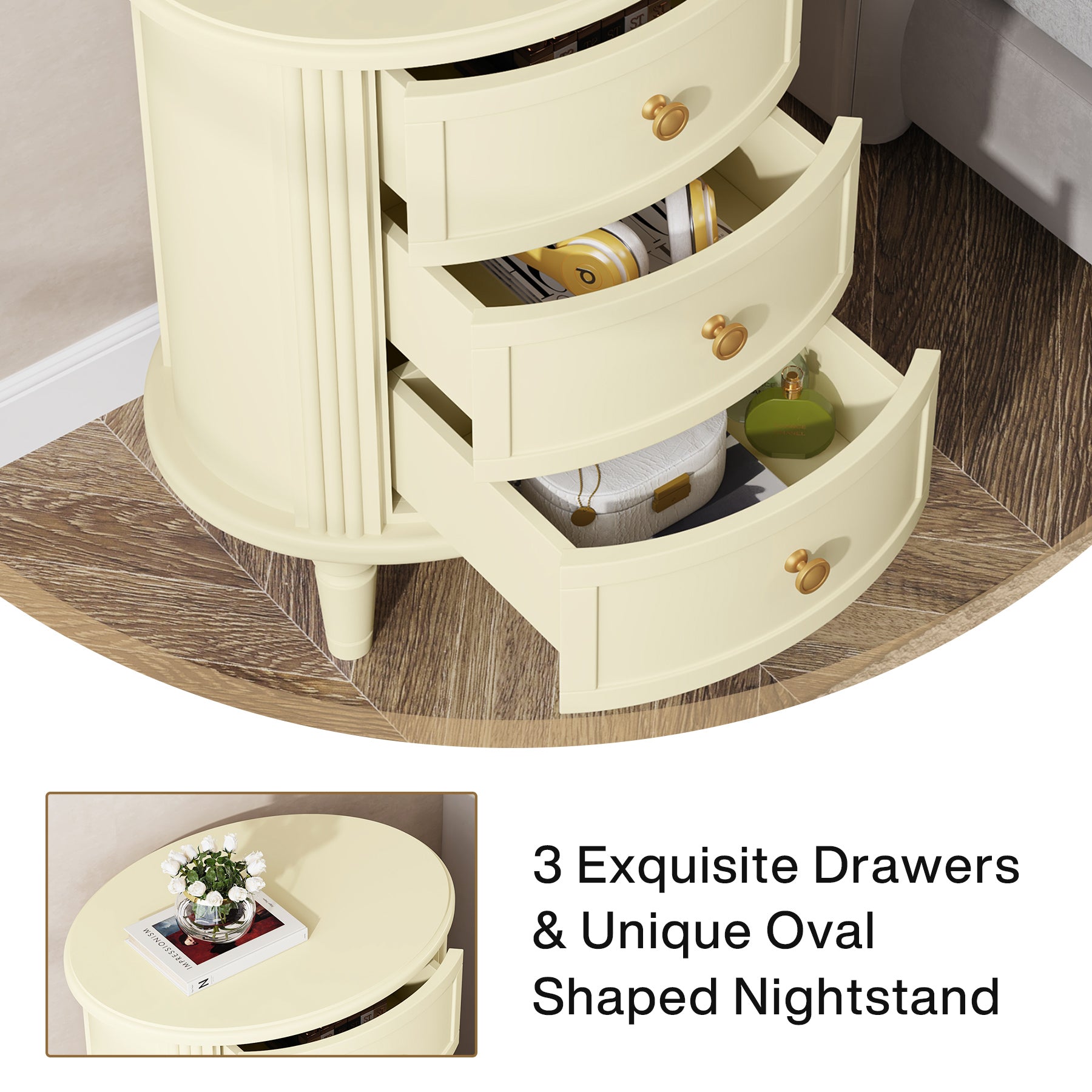 3 Drawers Nightstand with Solid Wood Legs