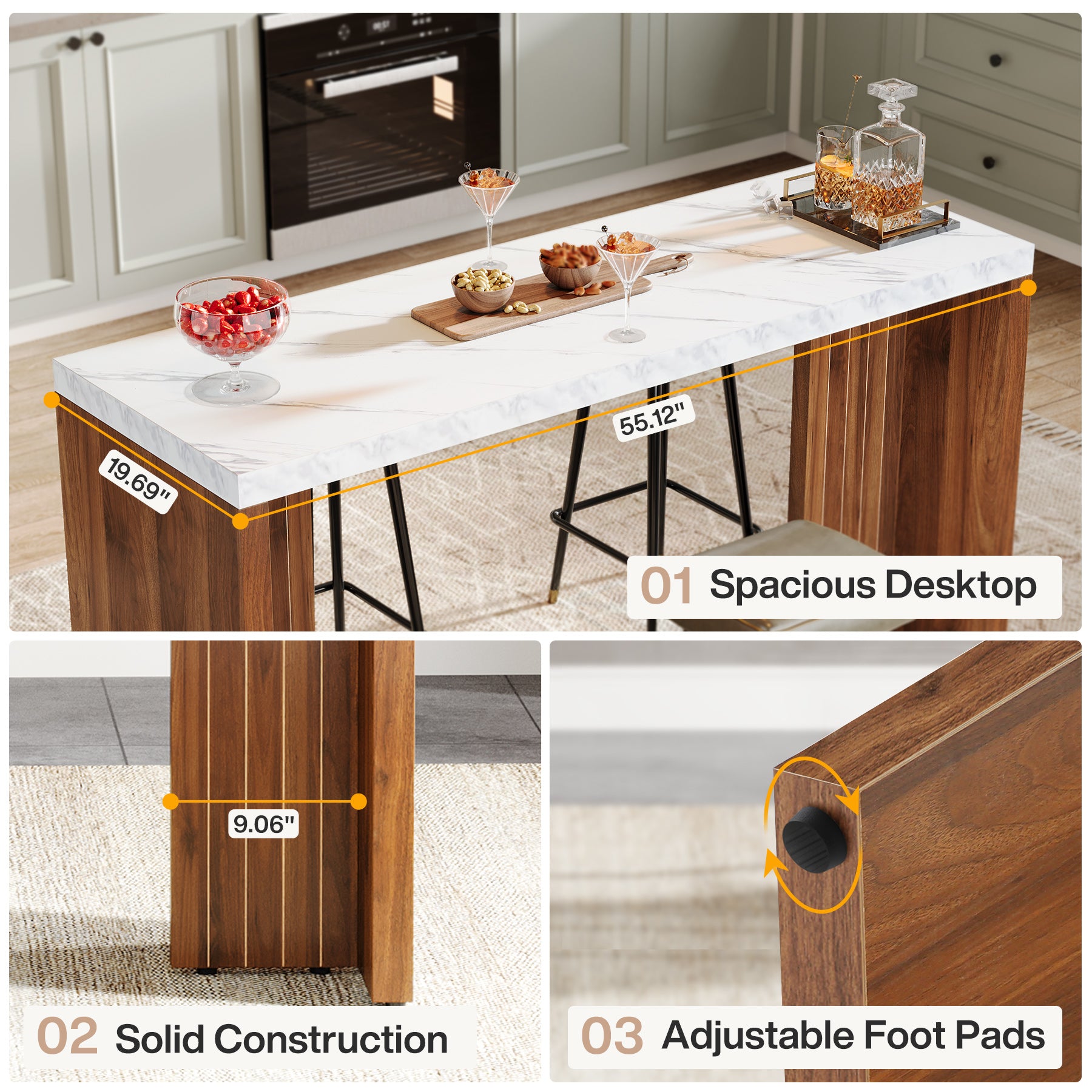 55" Home Bar Table with a Faux Marble Finished Tabletop