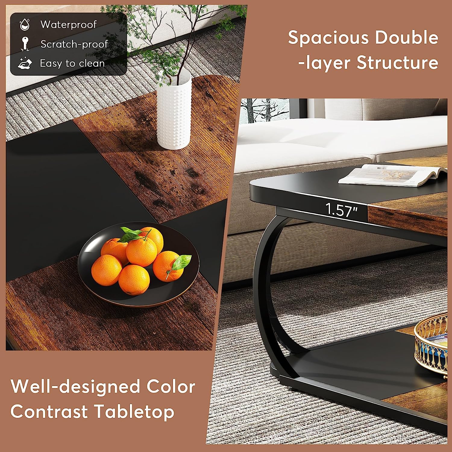 Square Coffee Table, 39" Central Cocktail Table with 2-Tier Shelves Tribesigns