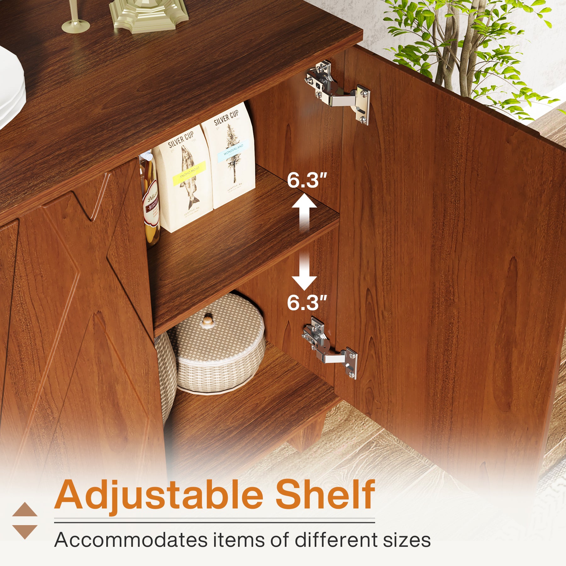 Wood Buffet Sideboard Cabinet with Adjustable Shelves