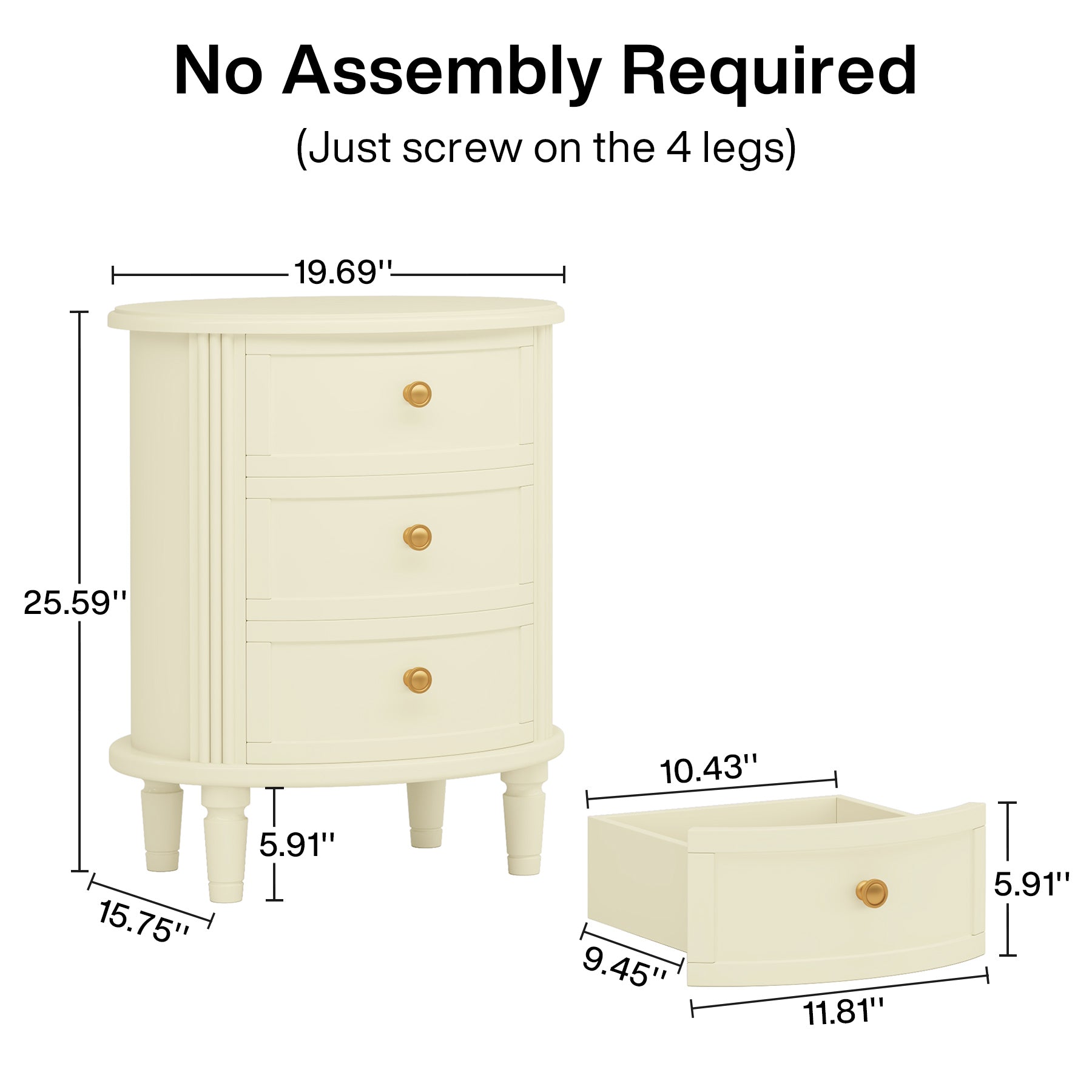 3 Drawers Nightstand with Solid Wood Legs