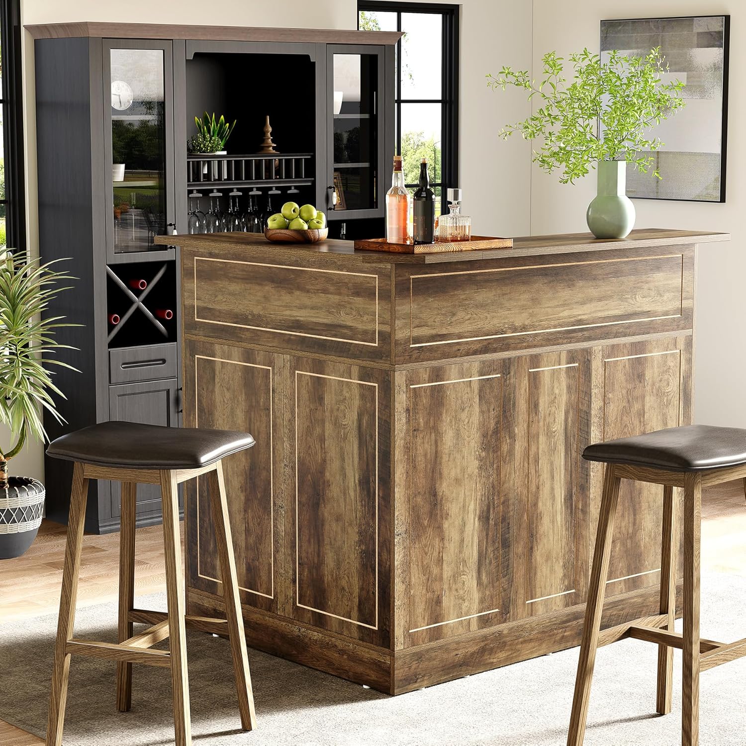 Home Bar Cabinet, 4-Tier Mini Bar Cabinet with Stemware Rack