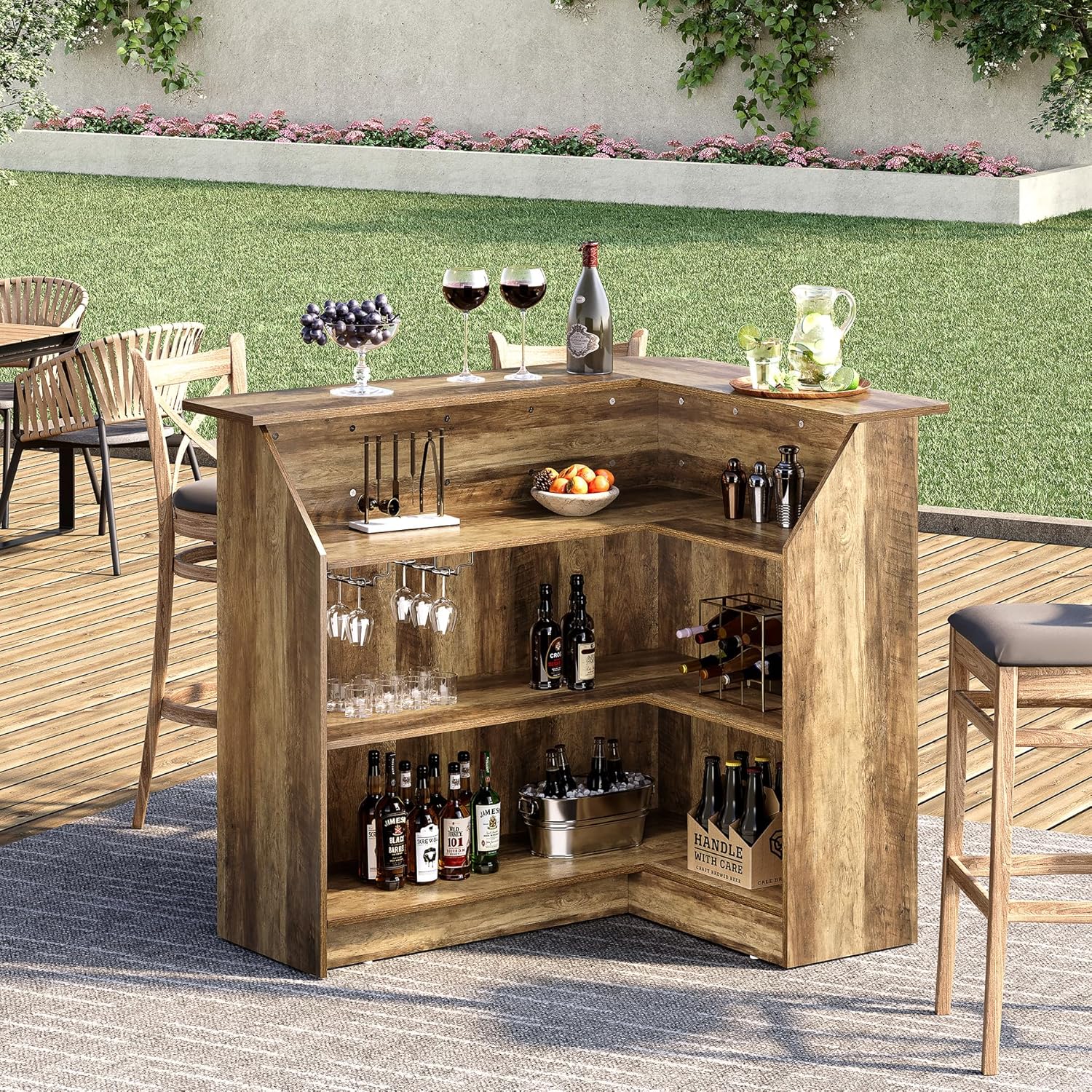 Home Bar Cabinet, 4-Tier Mini Bar Cabinet with Stemware Rack