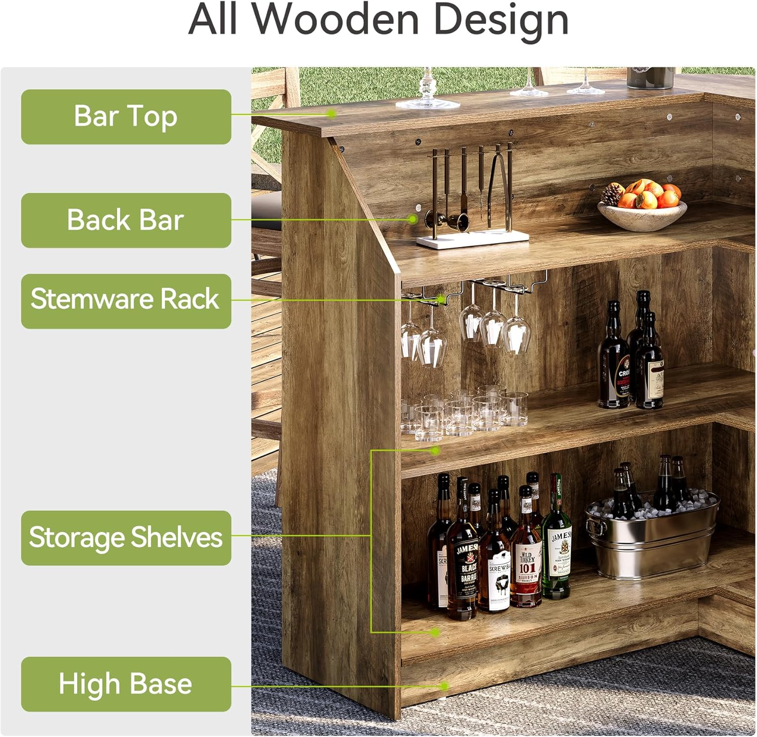 Home Bar Cabinet, 4-Tier Mini Bar Cabinet with Stemware Rack