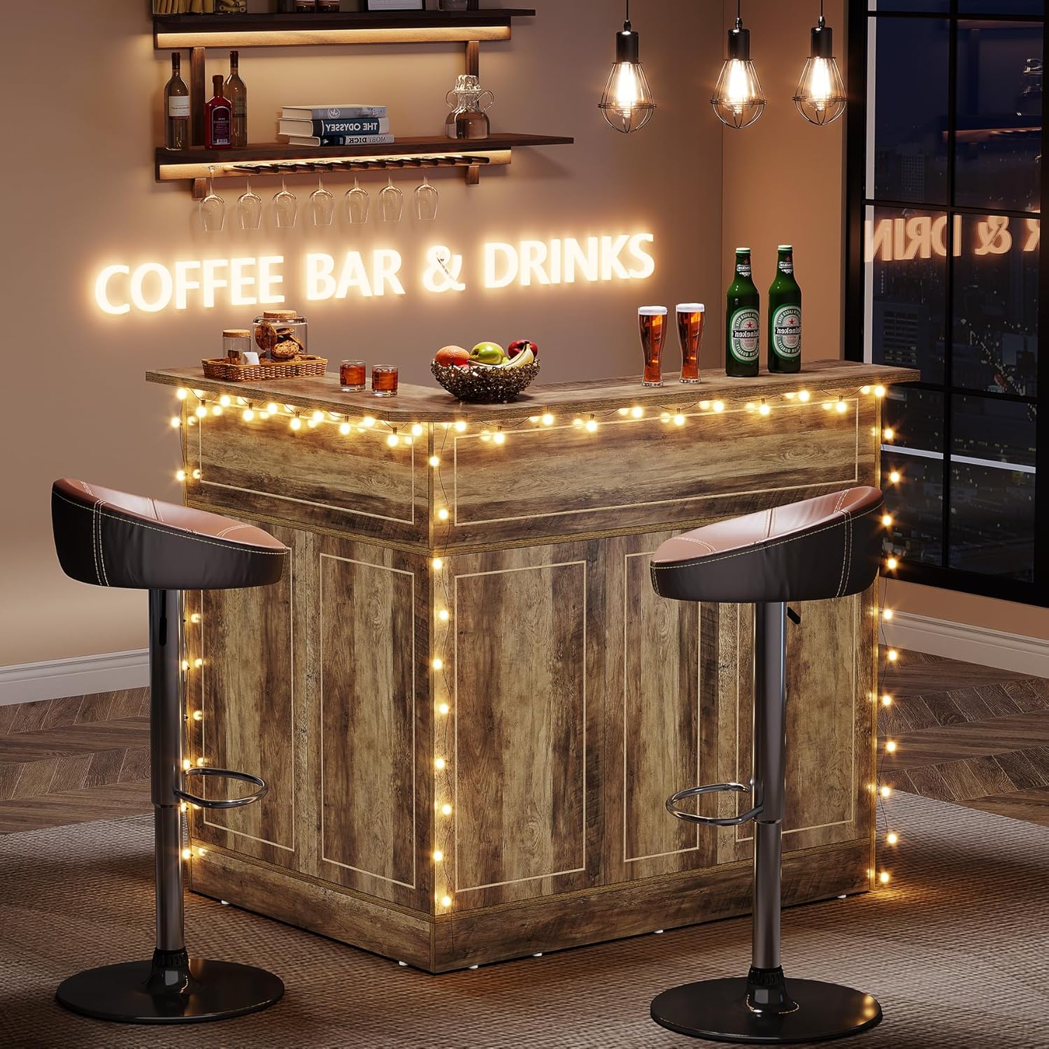 Home Bar Cabinet, 4-Tier Mini Bar Cabinet with Stemware Rack