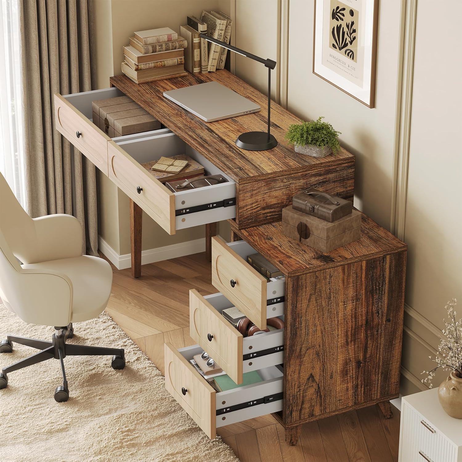 39" Computer Desk with 5 Drawers & Retractable Cabinet