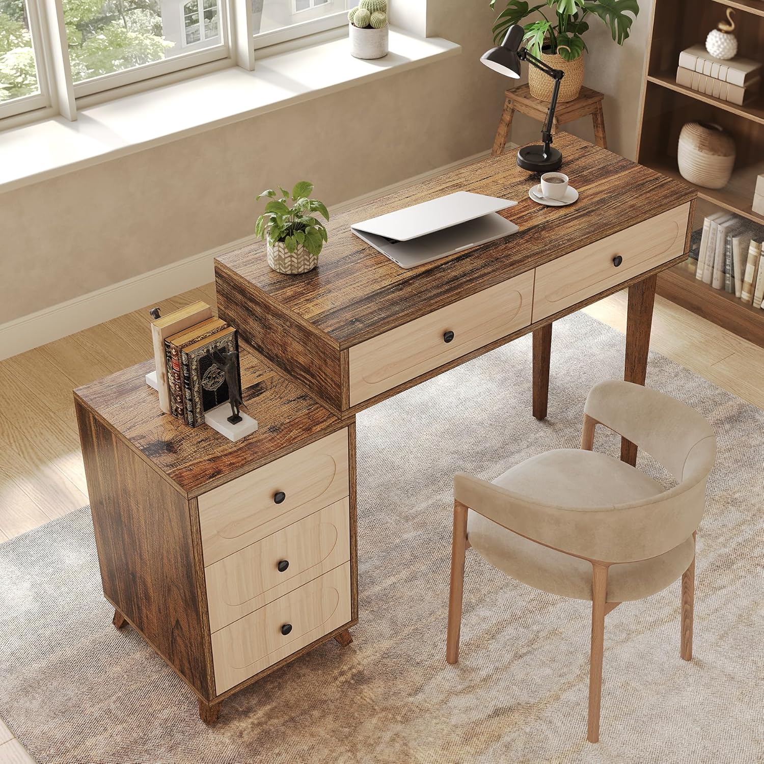 39" Computer Desk with 5 Drawers & Retractable Cabinet