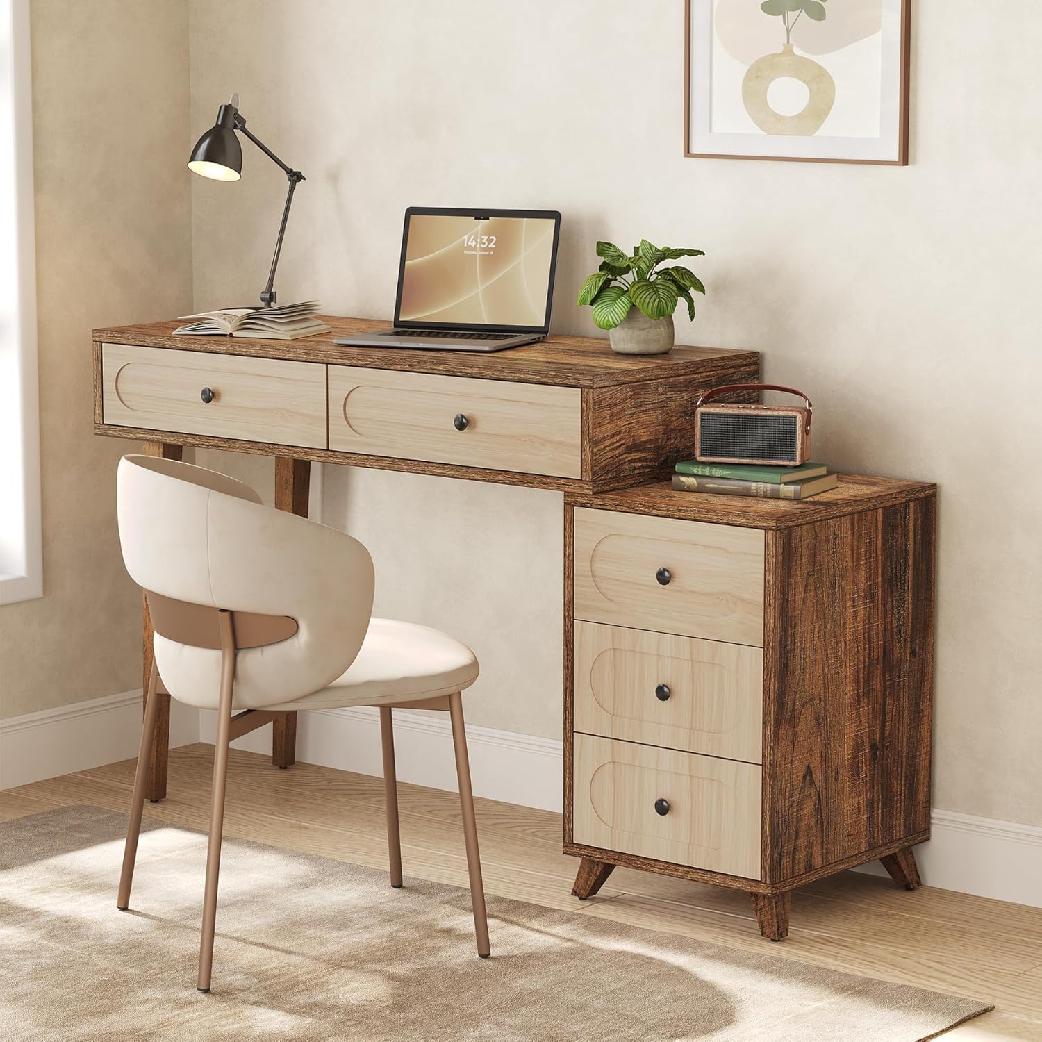 39" Computer Desk with 5 Drawers & Retractable Cabinet