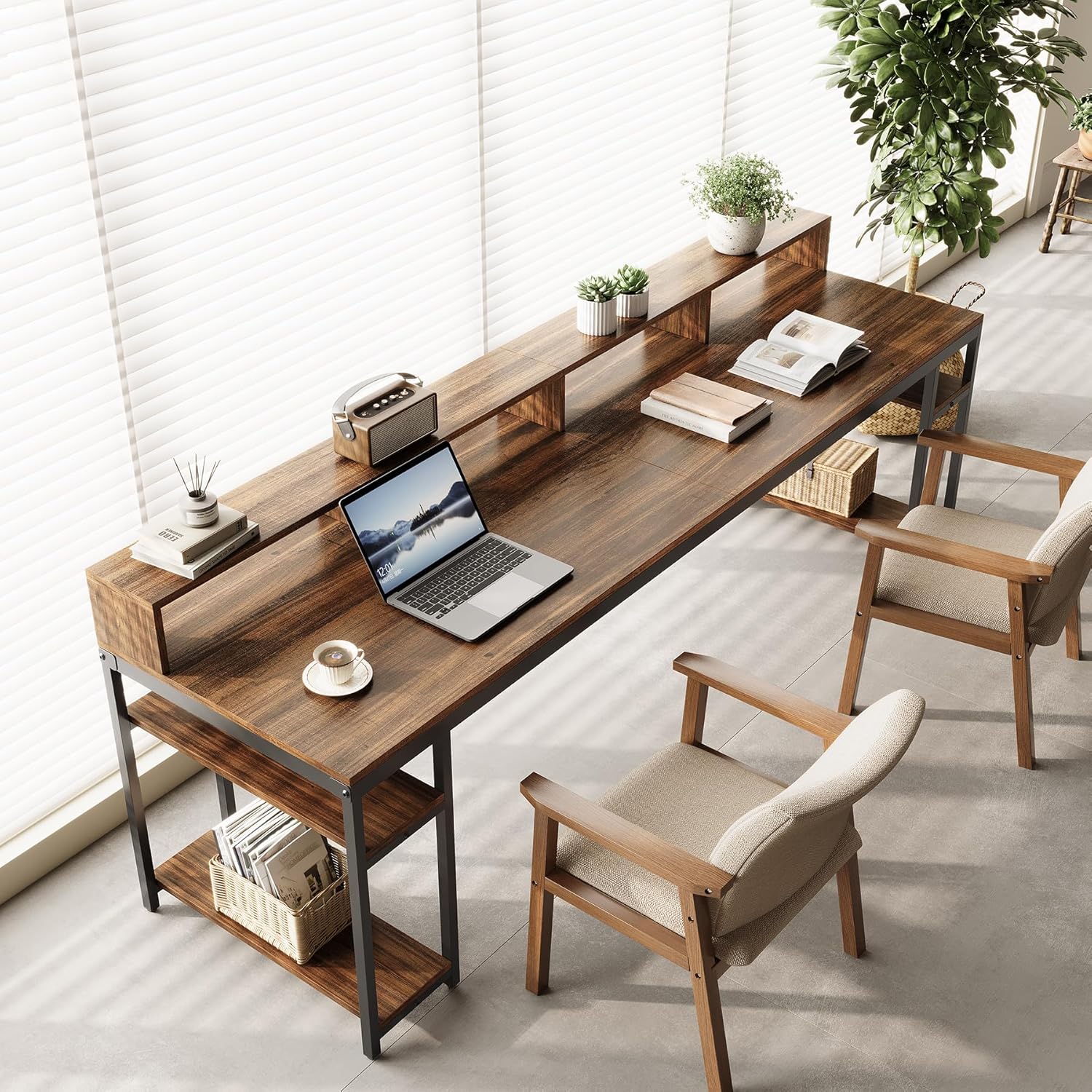 2-Person Desk 78.74" Computer Desk with 4 Storage Shelves