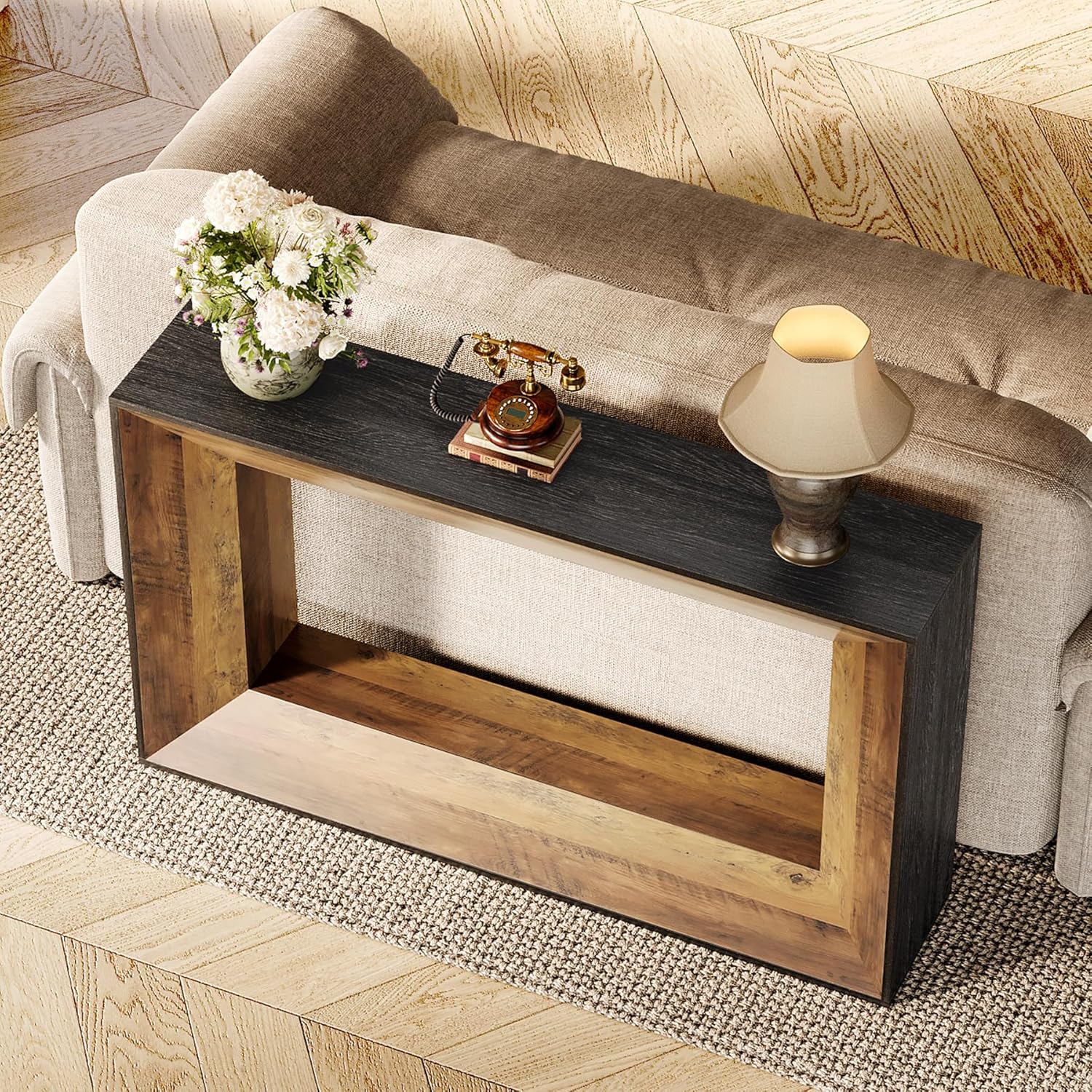 55" Console Table, 2-Tier Farmhouse Sofa Table Behind Couch