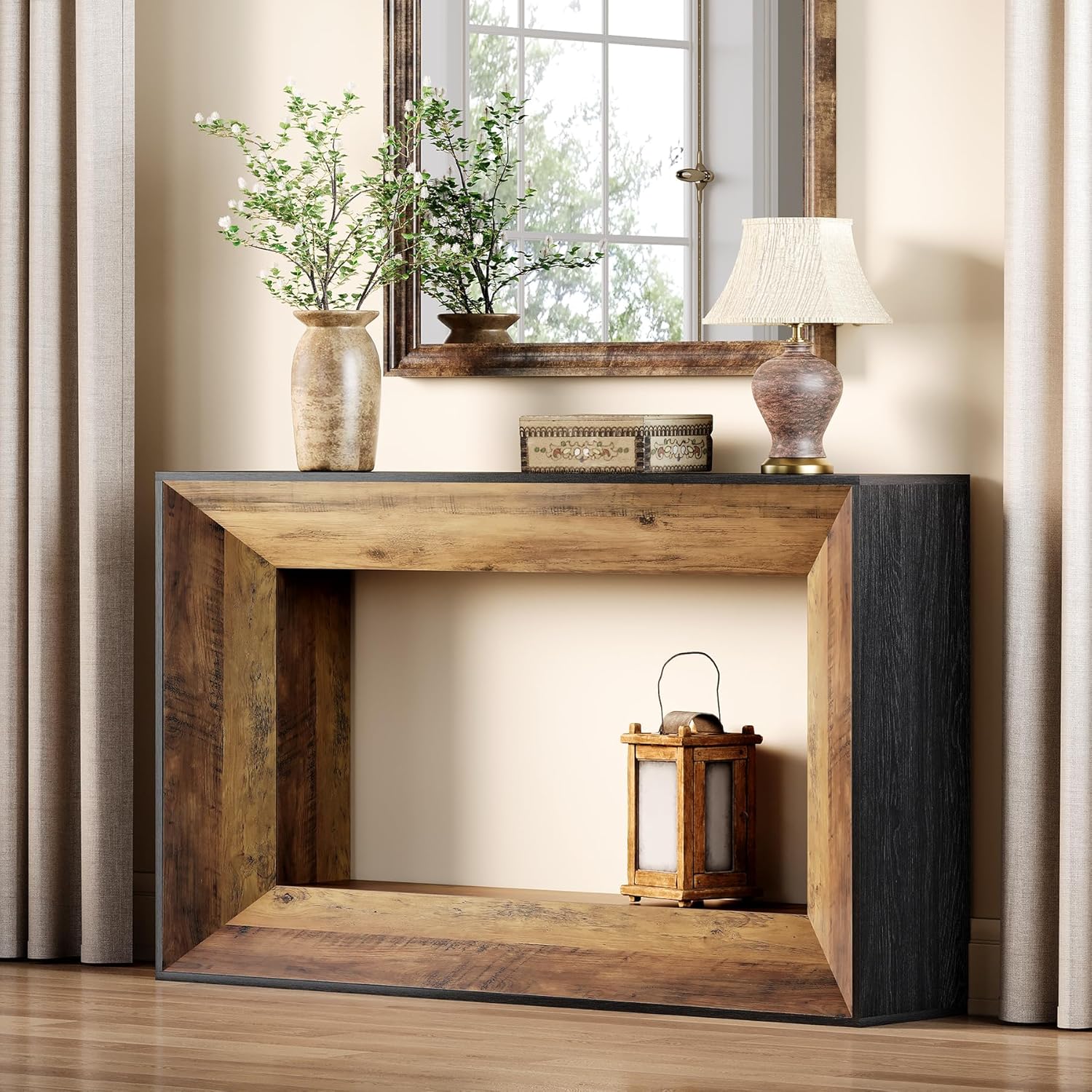 55" Console Table, 2-Tier Farmhouse Sofa Table Behind Couch