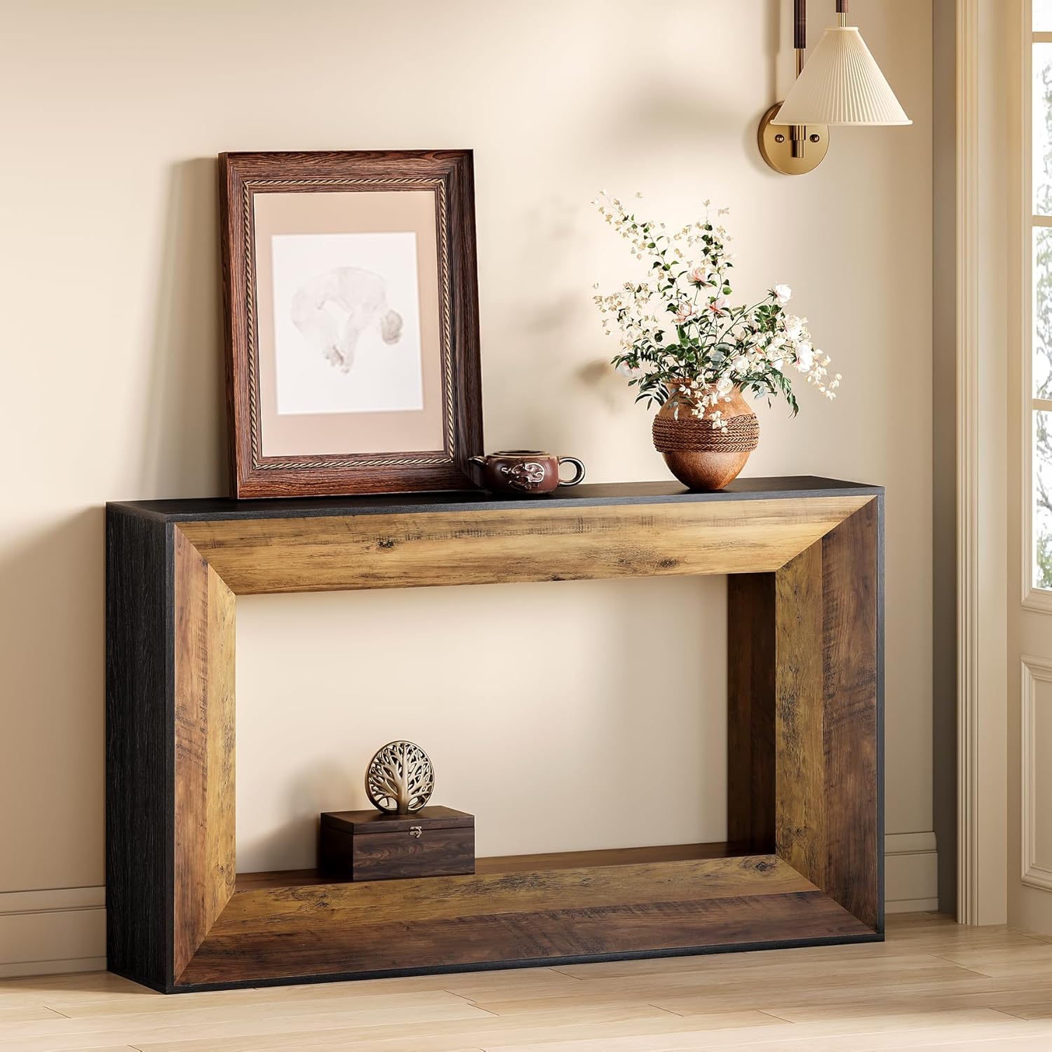 55" Console Table, 2-Tier Farmhouse Sofa Table Behind Couch