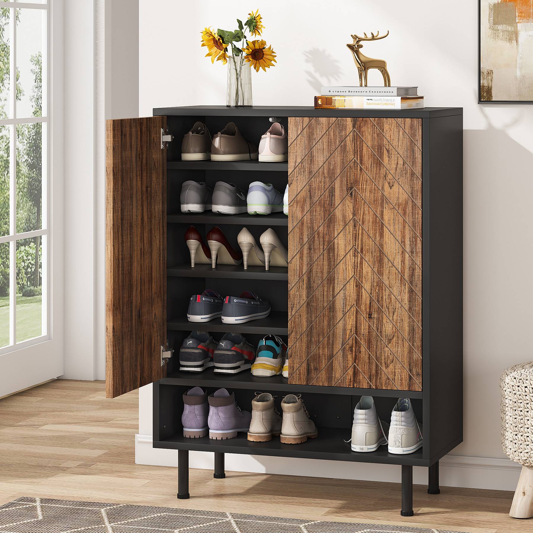 Merry Products 6-Tier Wooden Shoe Rack Dresser - Mahogany Finish, Holds 24-38 Pairs
