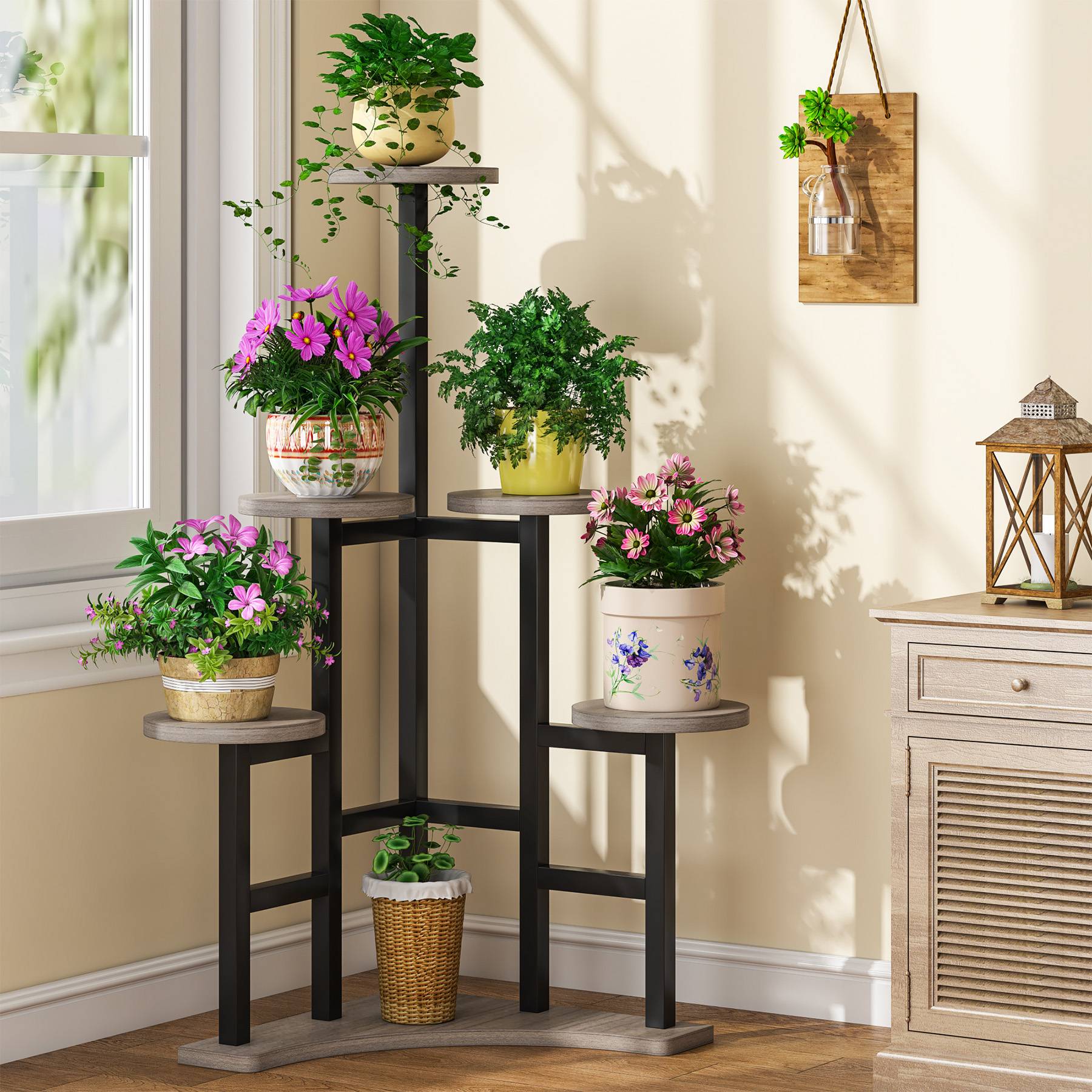wooden plant table indoor Little Tree Corner Plant Stand, 6 Tiered Plant Shelf Flower Stand
