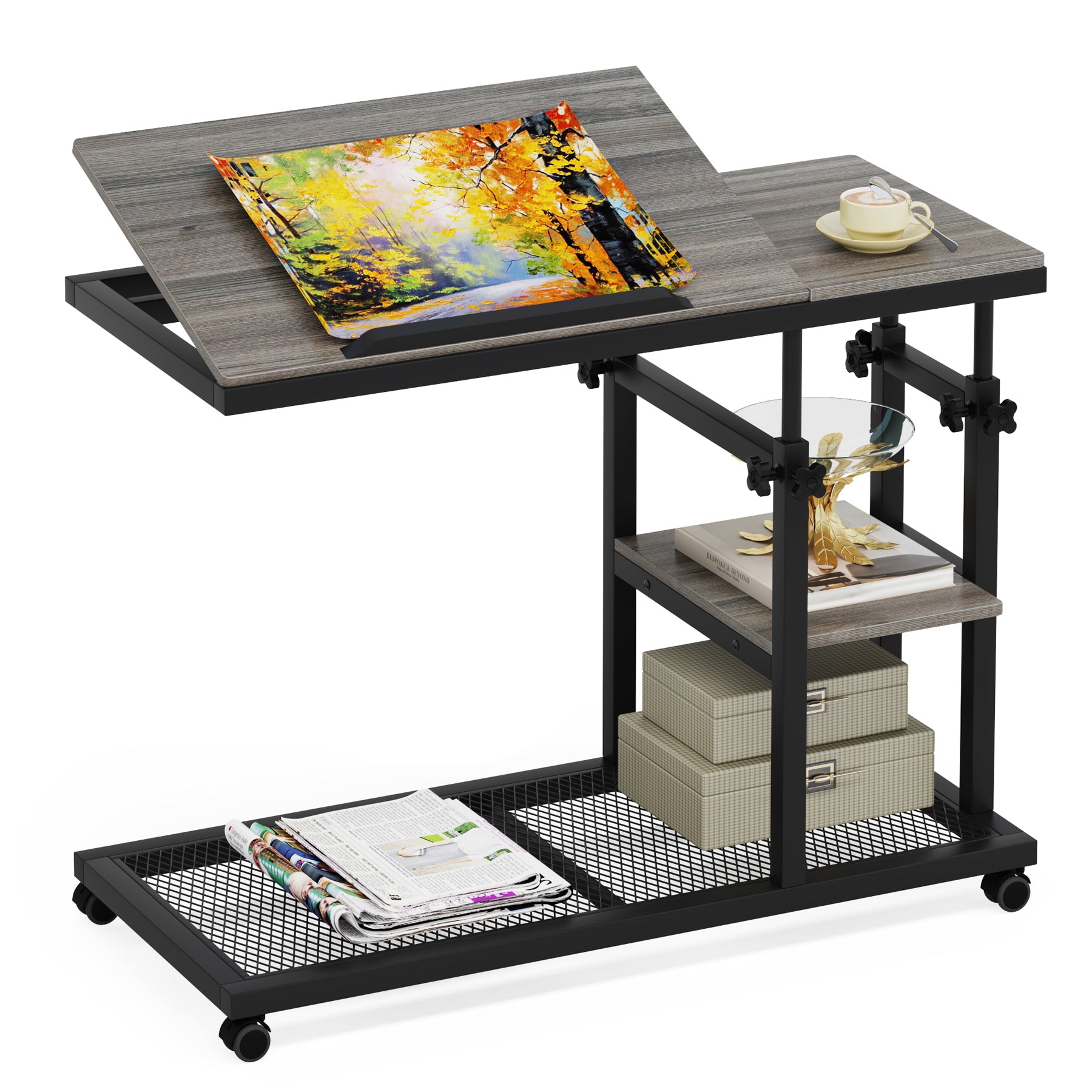 Height Adjustable C Side Table with Rolling Wheels