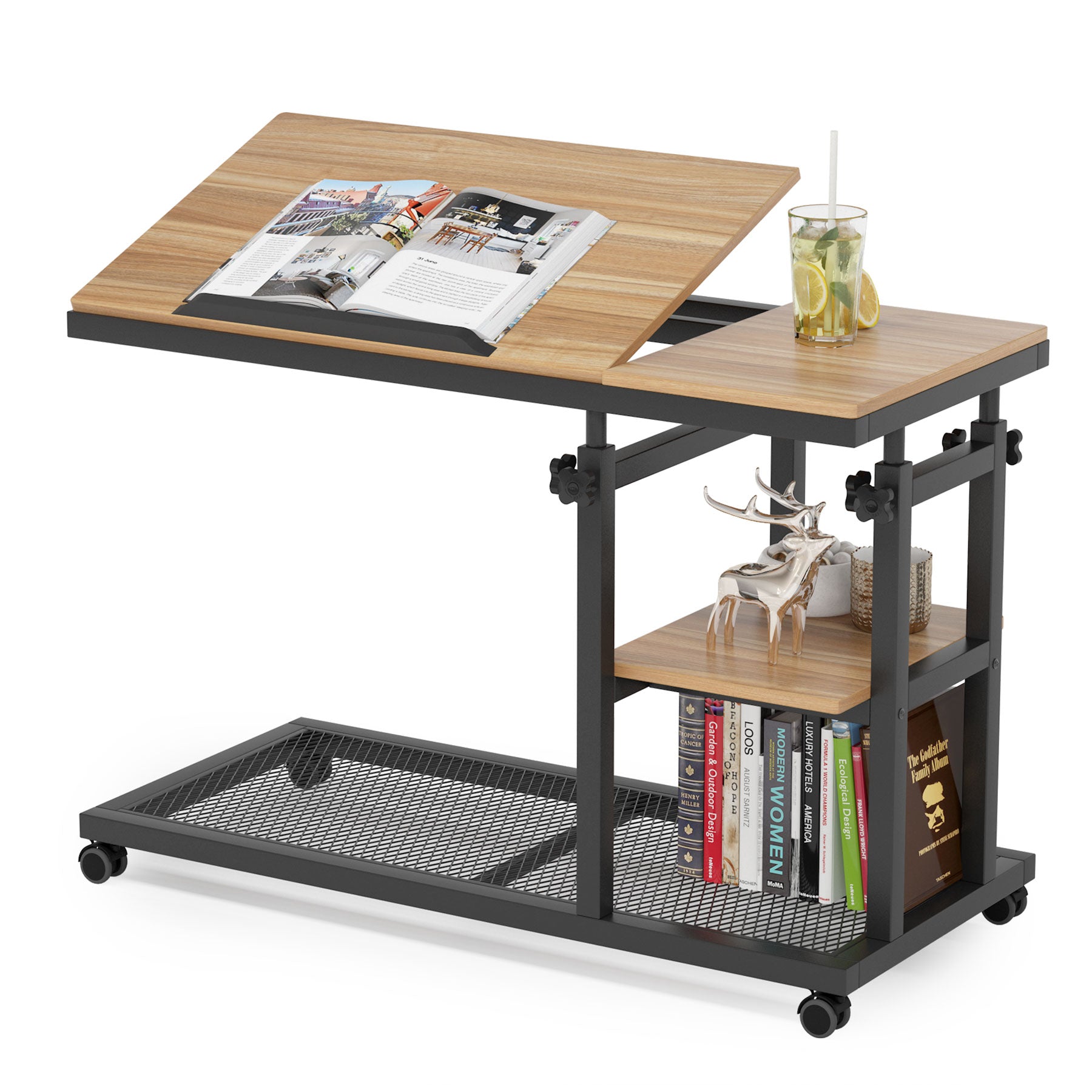 Height Adjustable C Side Table with Rolling Wheels