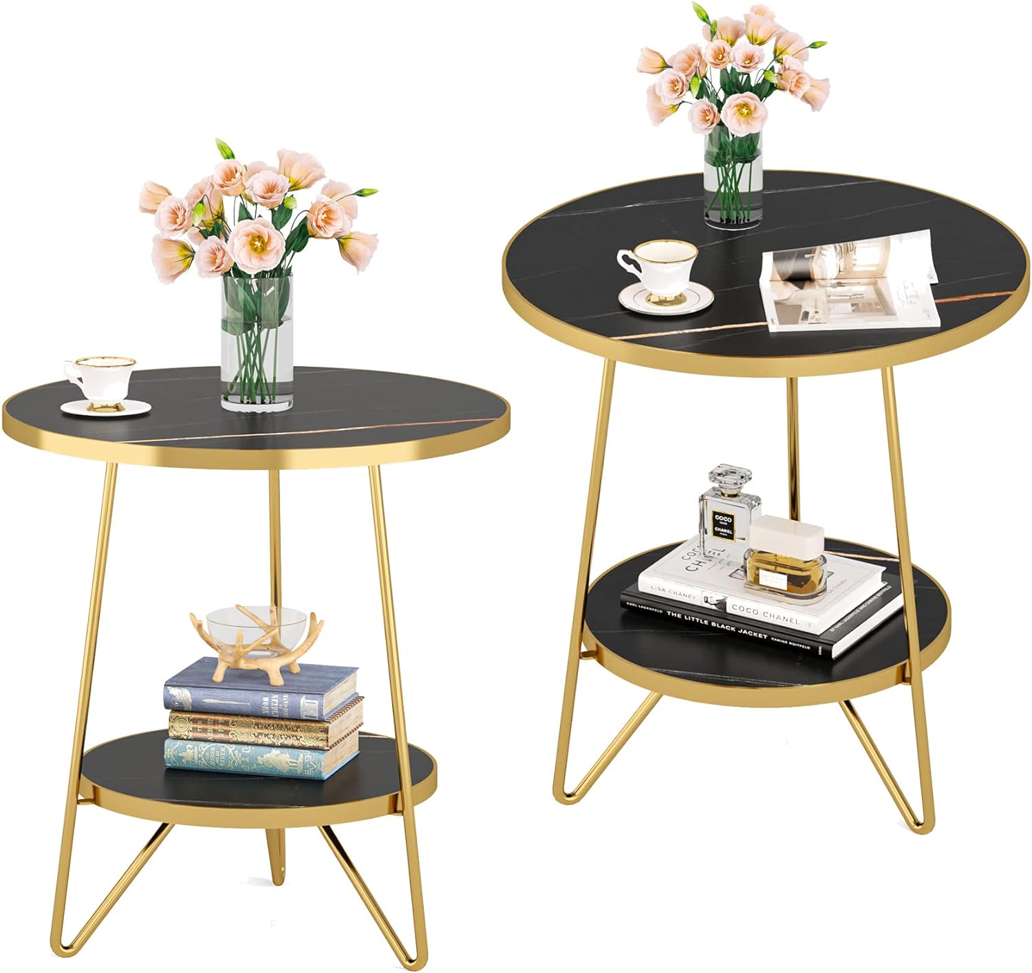 Faux Marble End Table, 2-Tier Round Sofa Table