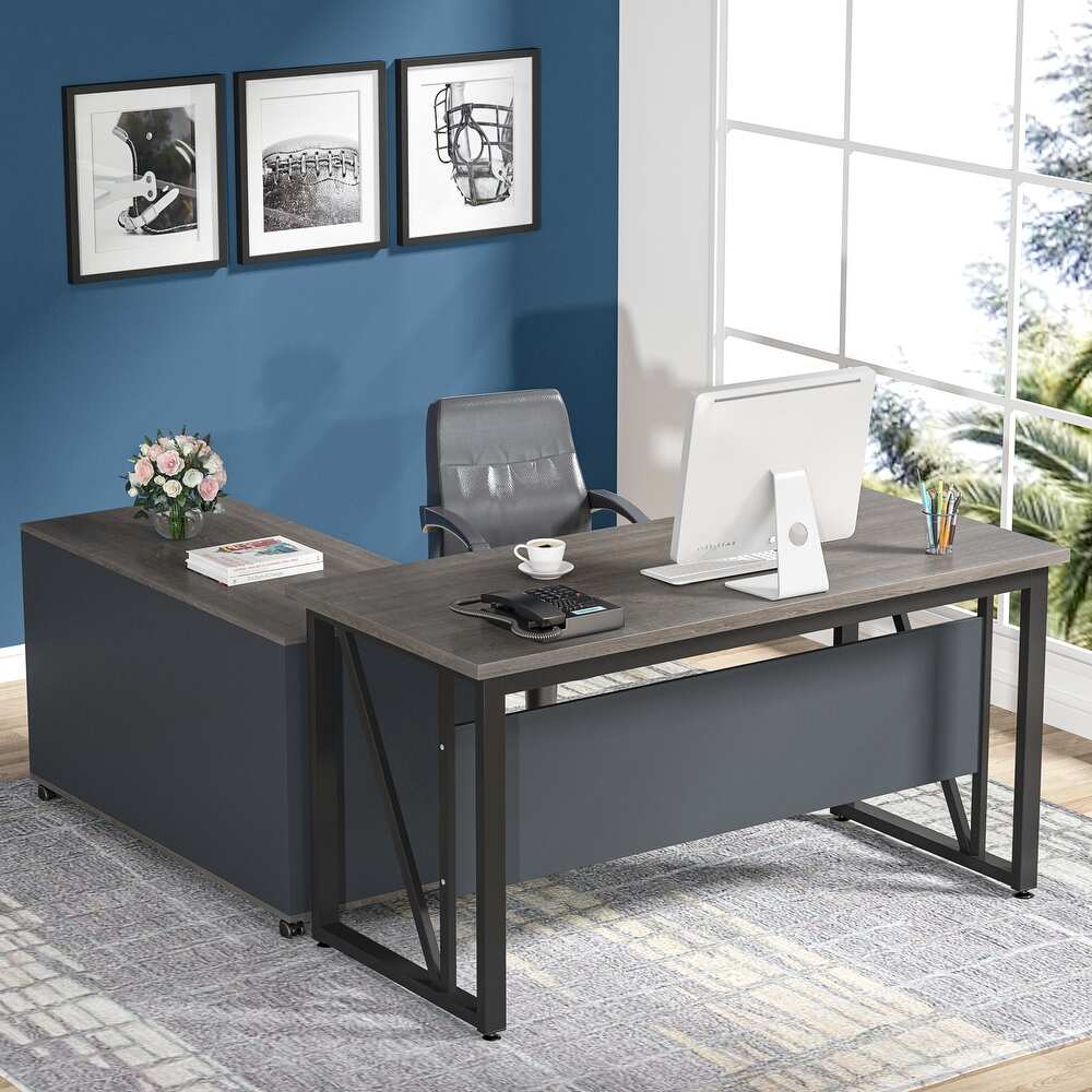 L-Shaped Computer Desk, 55" / 63" Executive Desk and Mobile File Cabinet Tribesigns
