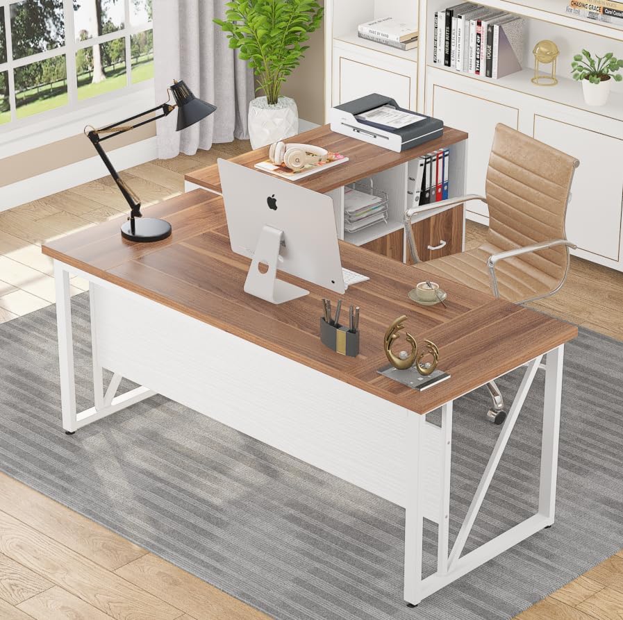L-Shaped Computer Desk, 55" / 63" Executive Desk and Mobile File Cabinet Tribesigns