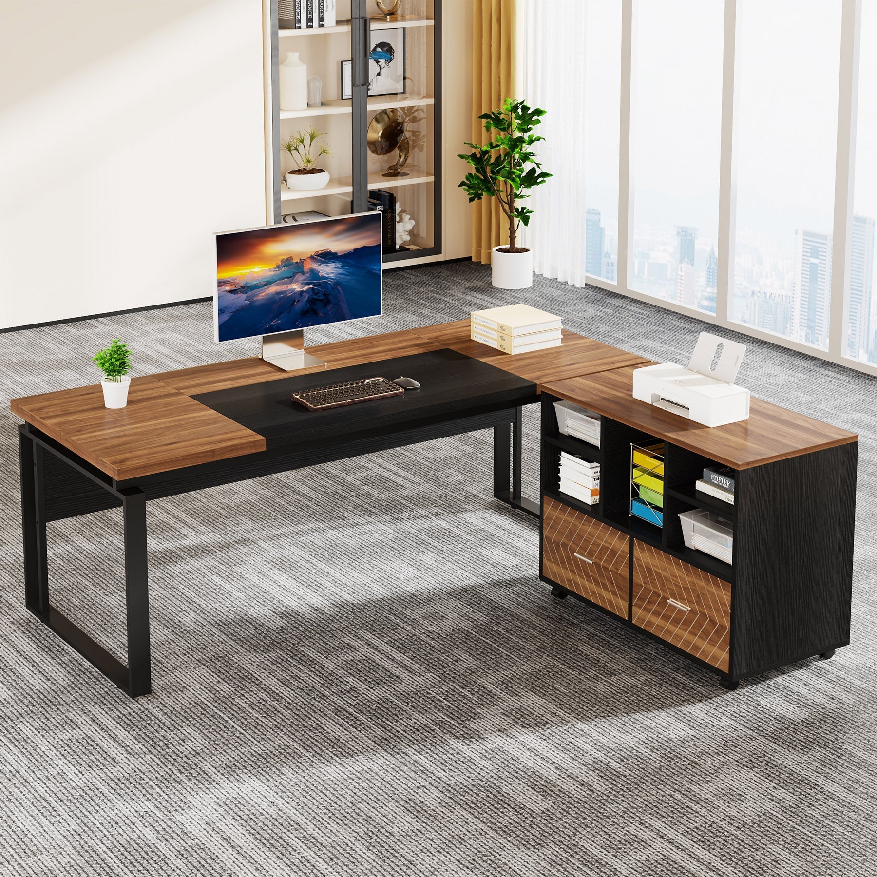 L-Shaped Executive Desk, 63" Computer Desk with Mobile File Cabinet Tribesigns