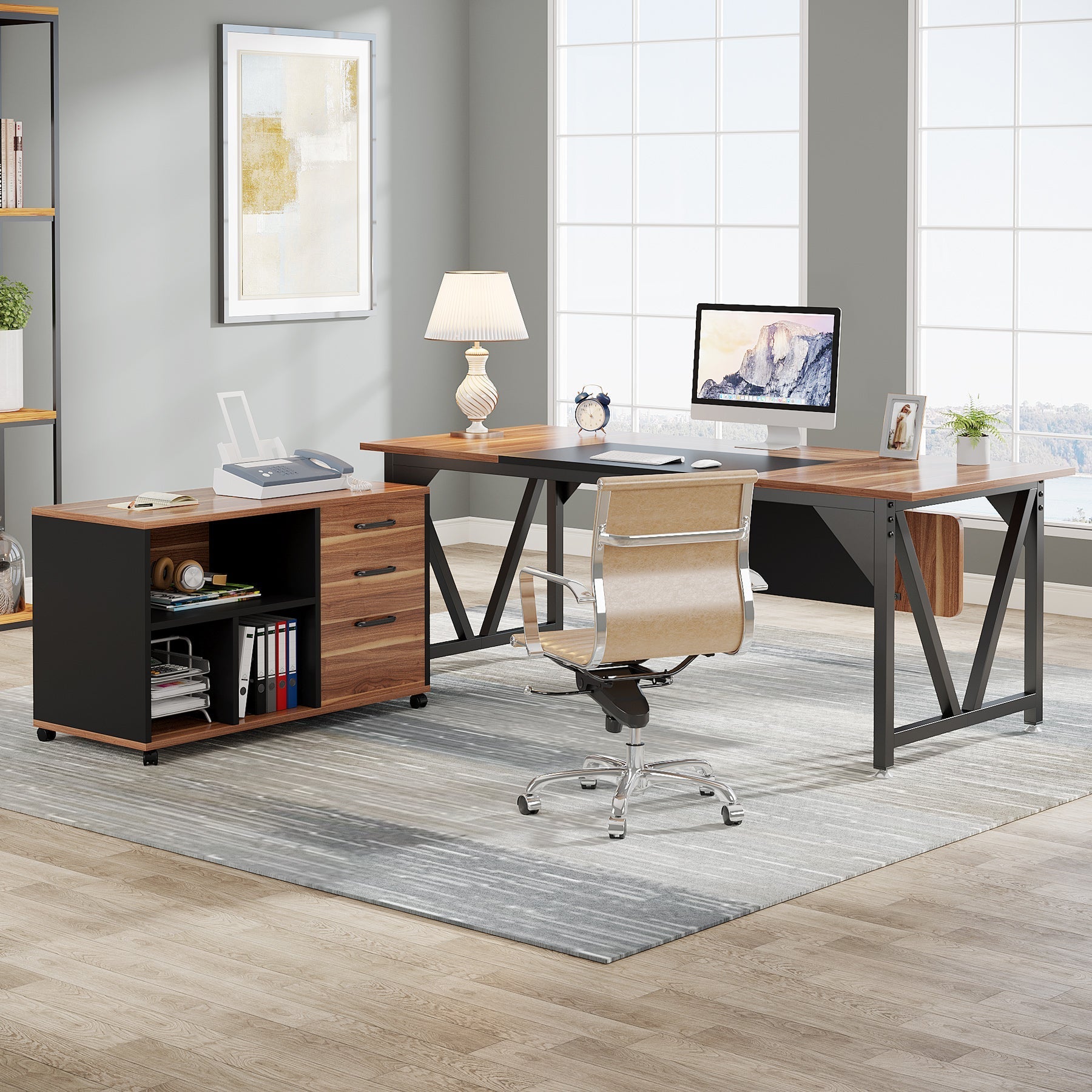 Large L-Shaped Desk, 70.8" Executive Desk with 35.4" File Cabinet Tribesigns