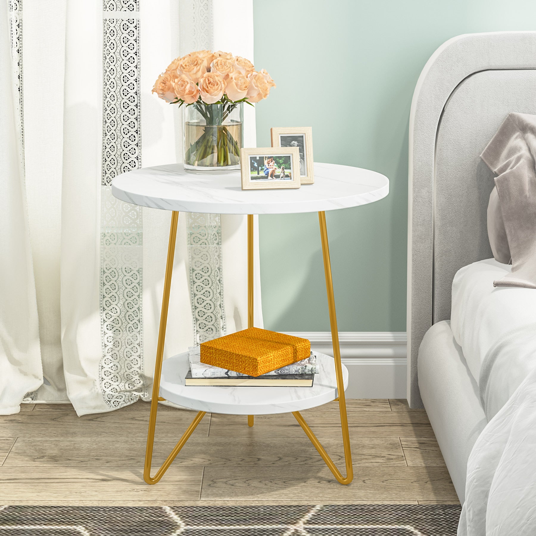 Faux Marble End Table, 2-Tier Round Sofa Table