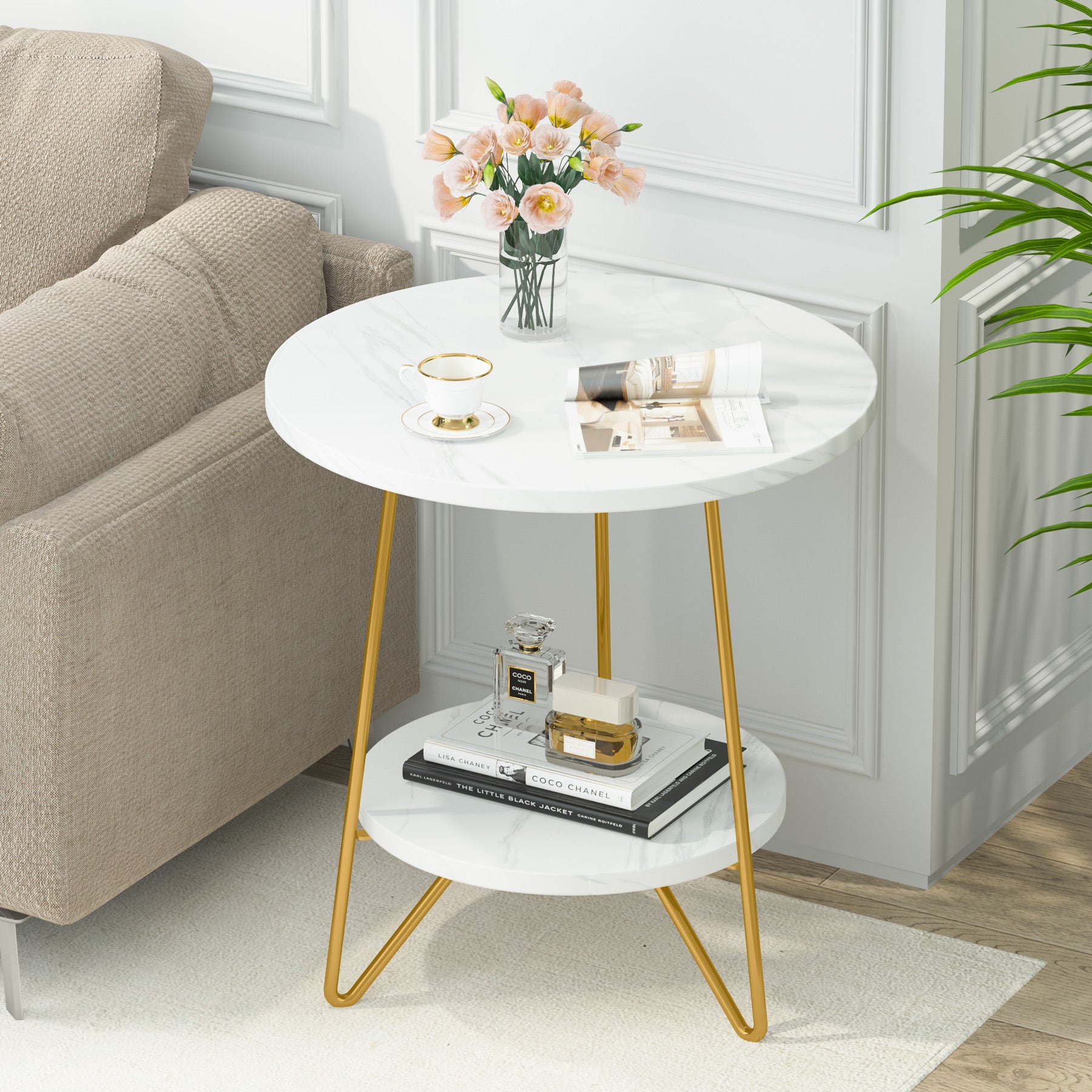 Faux Marble End Table, 2-Tier Round Sofa Table