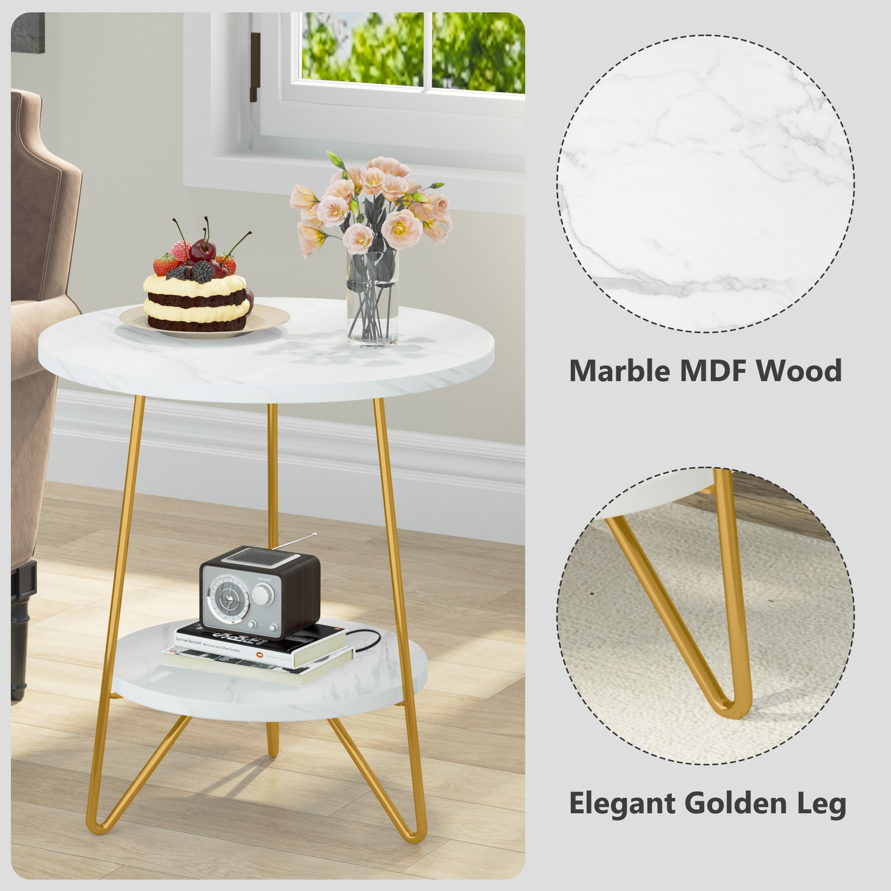 Faux Marble End Table, 2-Tier Round Sofa Table