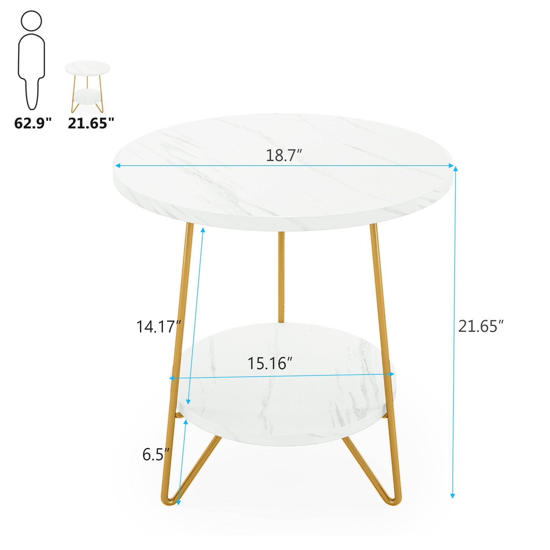 Faux Marble End Table, 2-Tier Round Sofa Table