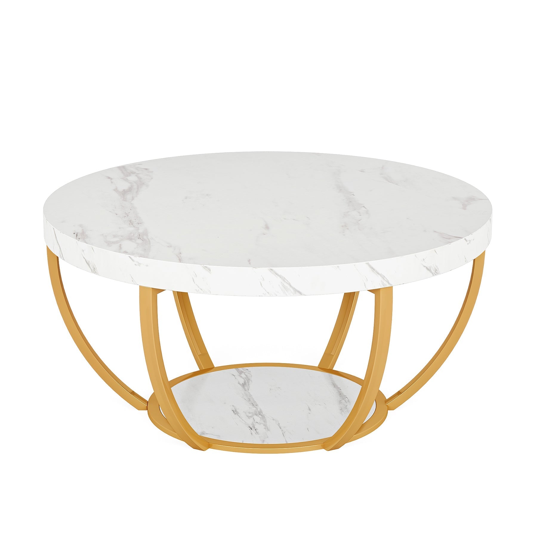 Wooden Coffee Table, 2-Tier Round Central Cocktail Table with Shelves Tribesigns