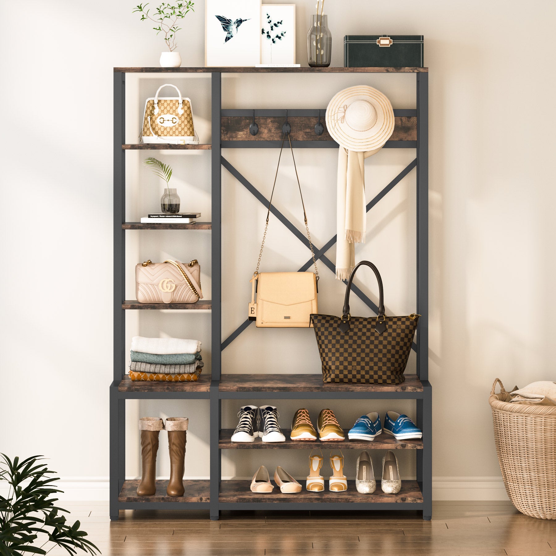 4-in-1 Entryway Hall Tree with Side Shelves