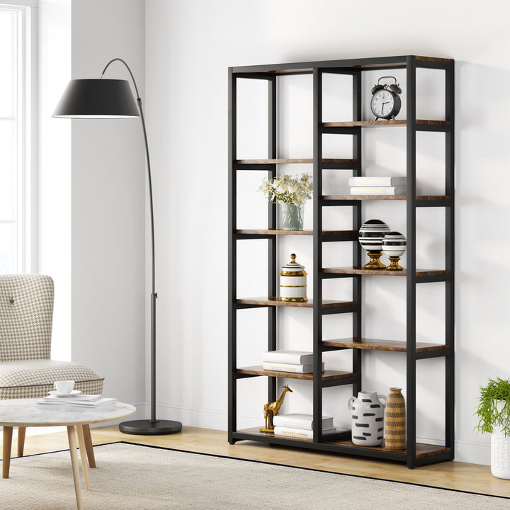 077-Little tree Bookshelf Bookcase, Industrial 10-Open Shelf Etagere Bookcase with Rustic Finish