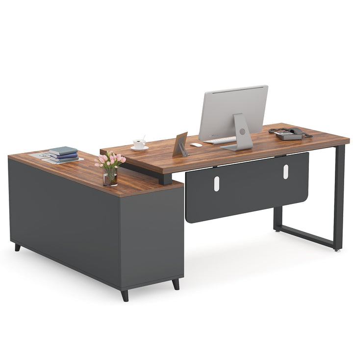 L-Shaped Executive Office Desk with 47" File Cabinet