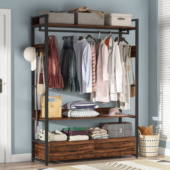 Little tree Freestanding Clothes Rack Shelves, Closet Organizer with Shelves Drawers and Hooks