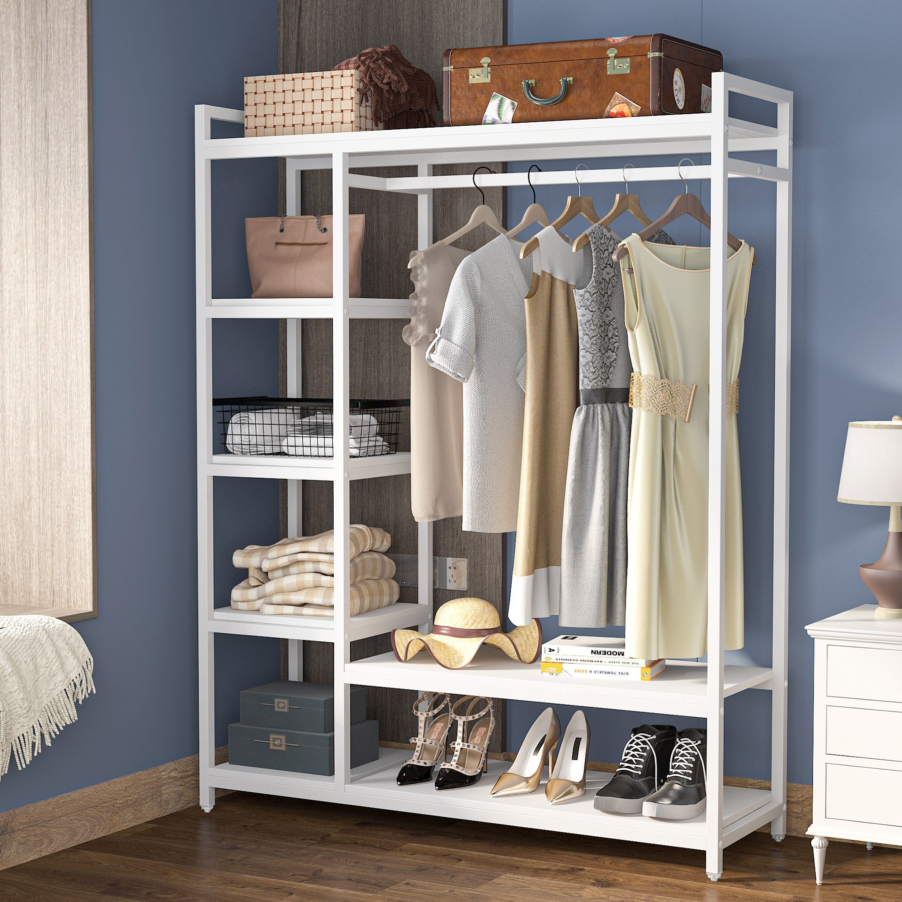 Closet Organizer with 6 Shelves and Hanging Bar