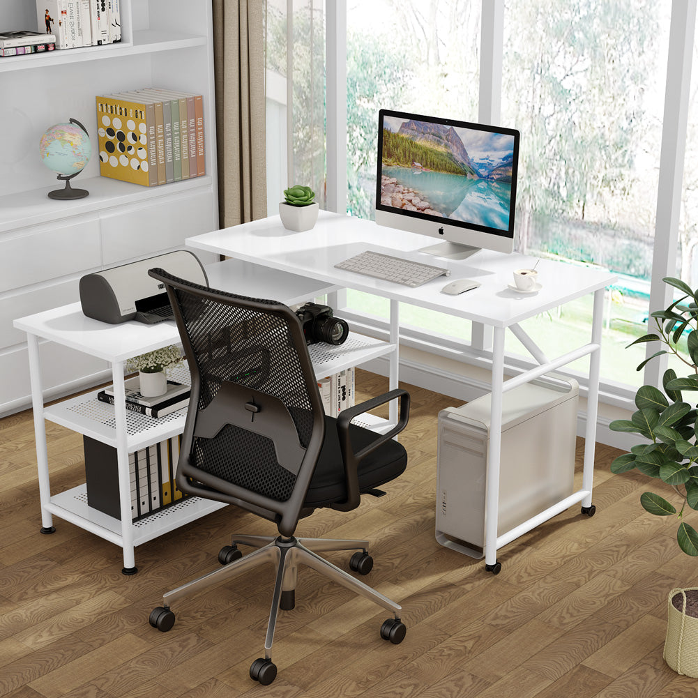 Rotating L-Shaped Desk with Storage Shelves