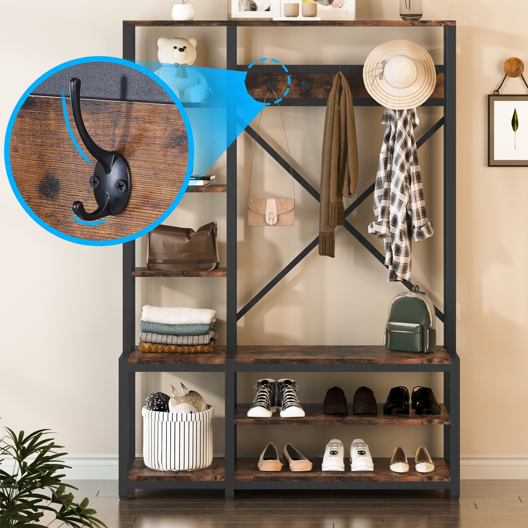 4-in-1 Entryway Hall Tree with Side Shelves