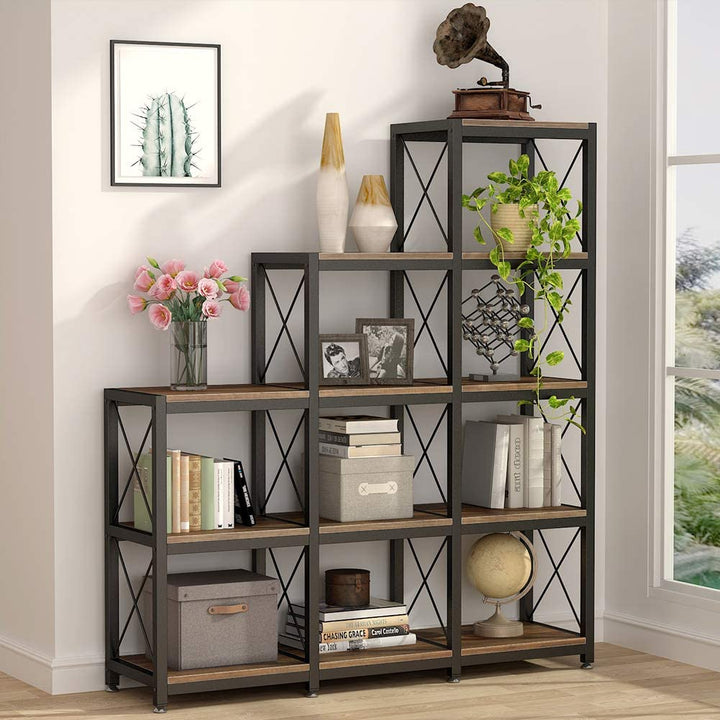 057-Little tree 12 Shelves Bookshelf, Industrial Ladder Corner Bookshelf
