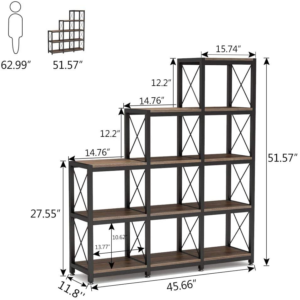 12 Shelves Bookshelf, Industrial Ladder Bookcase