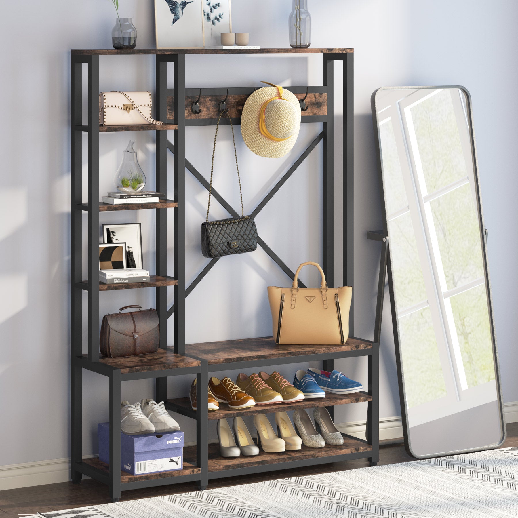 4-in-1 Entryway Hall Tree with Side Shelves