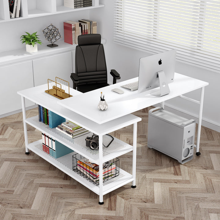 Rotating L-Shaped Desk with Storage Shelves