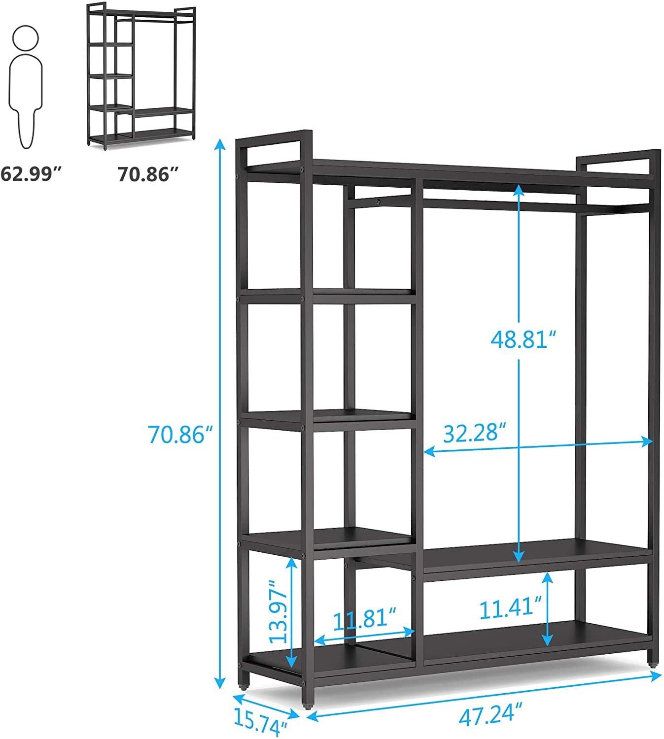 Closet Organizer with 6 Shelves and Hanging Bar