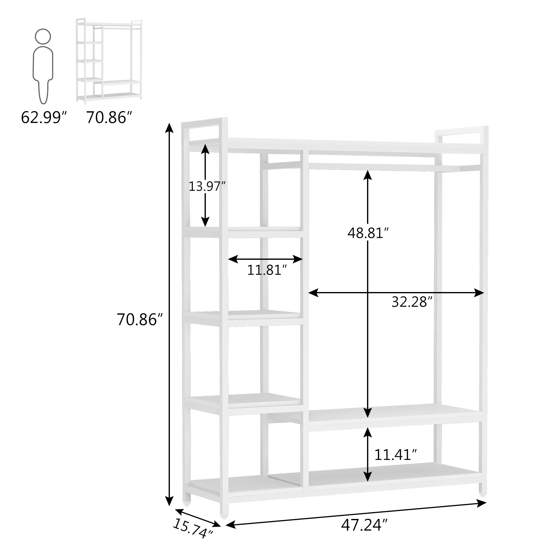 Little tree Free Standing Closet Organizer Heavy Duty Closet Storage with 6 Shelves and Hanging Bar Large Clothes Storage Standing Garmen Rack Little Tree